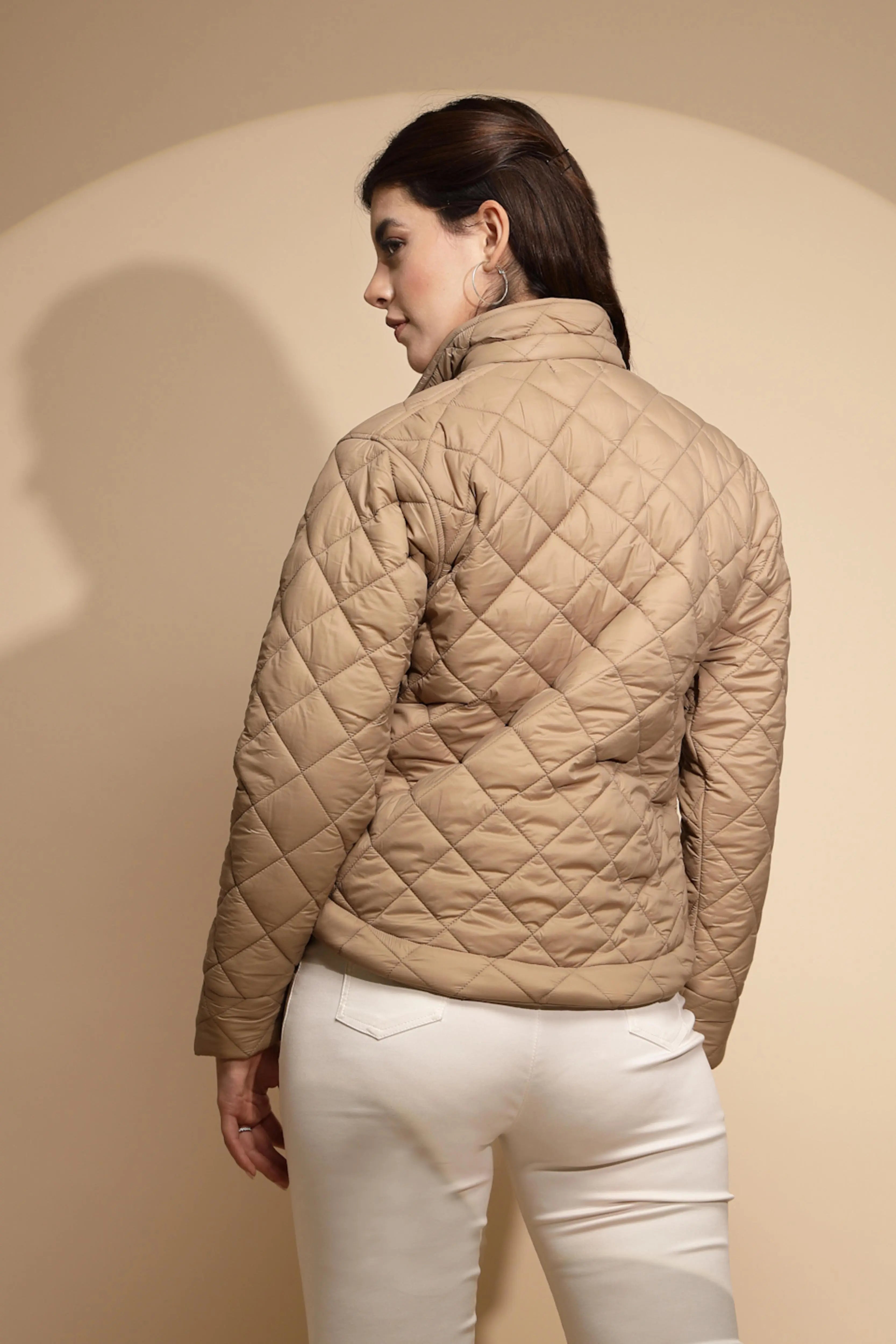 Women Beige Solid Full Sleeve Collar Neck Shacket - Global Republic