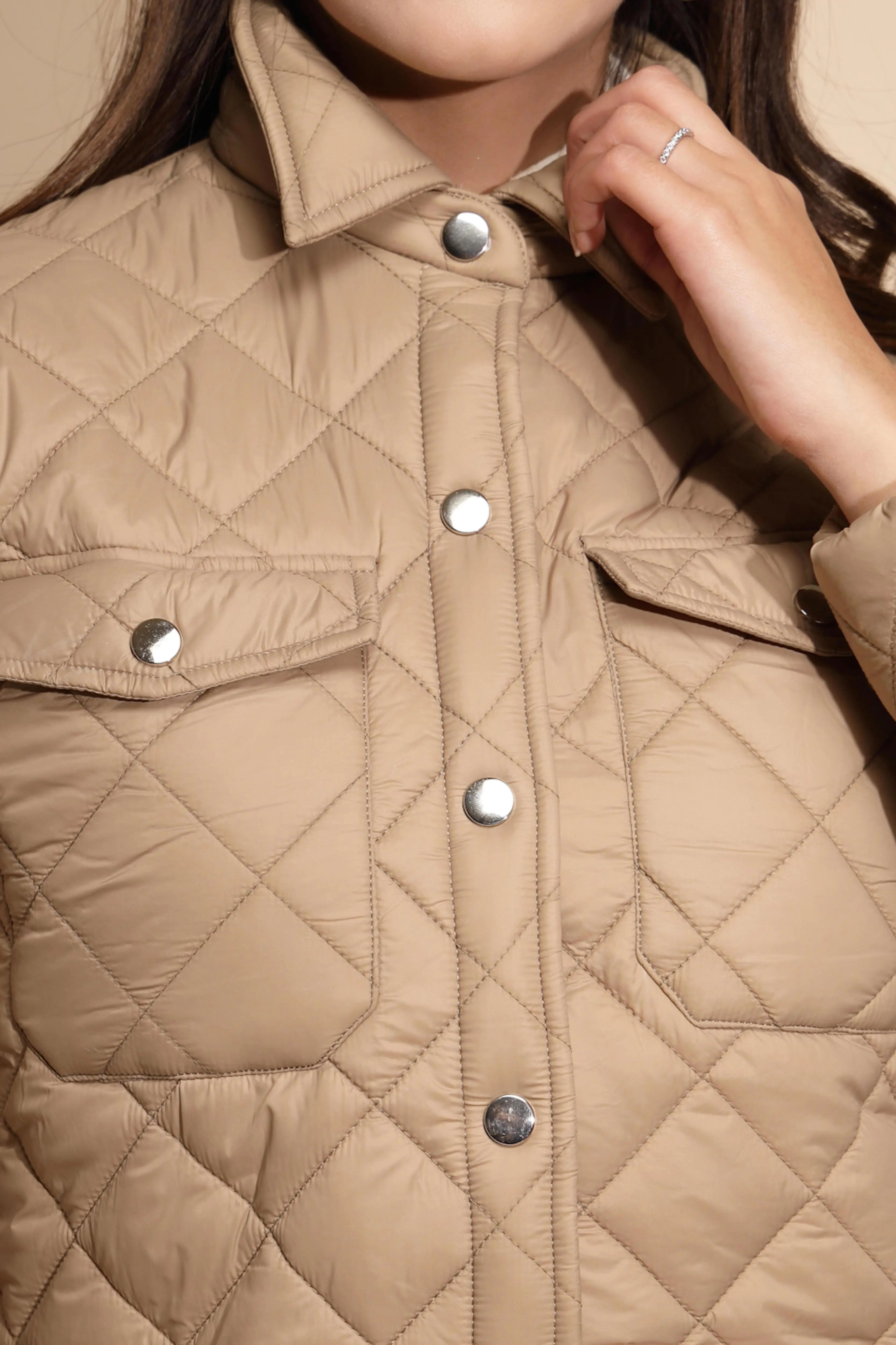 Women Beige Solid Full Sleeve Collar Neck Shacket - Global Republic