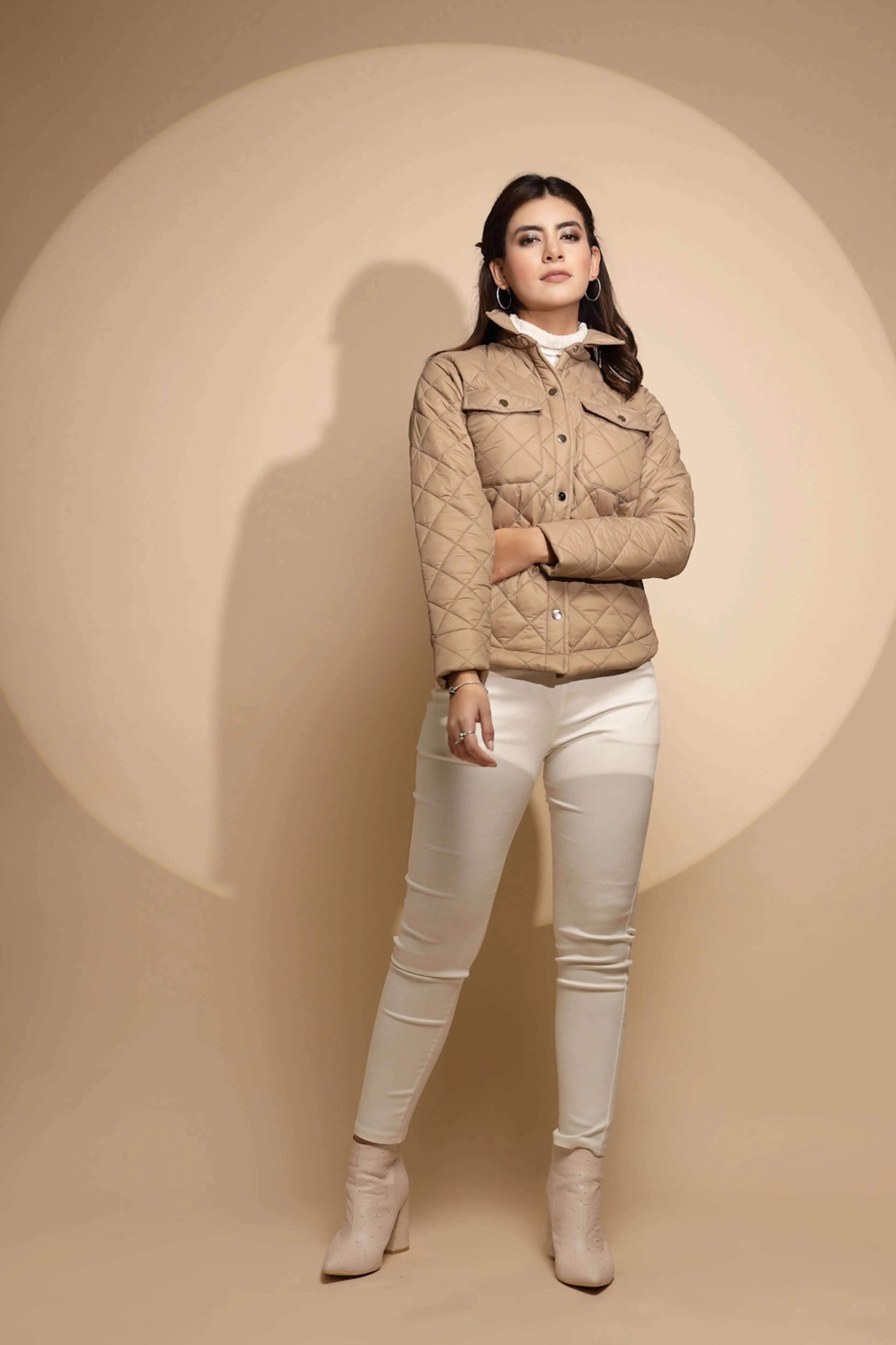 Women Beige Solid Full Sleeve Collar Neck Shacket - Global Republic