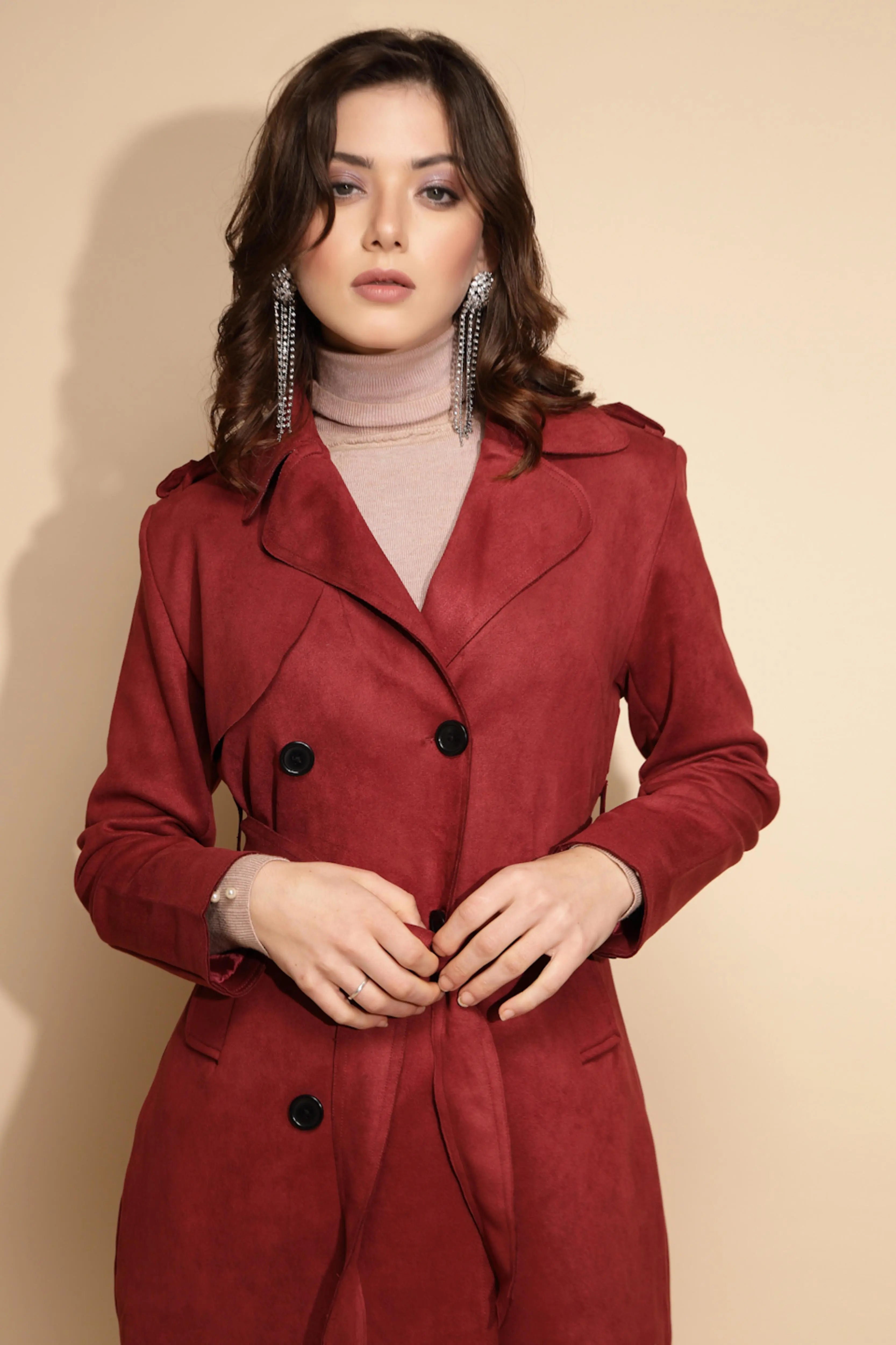 Maroon Solid Wool Blend Coat - Global Republic