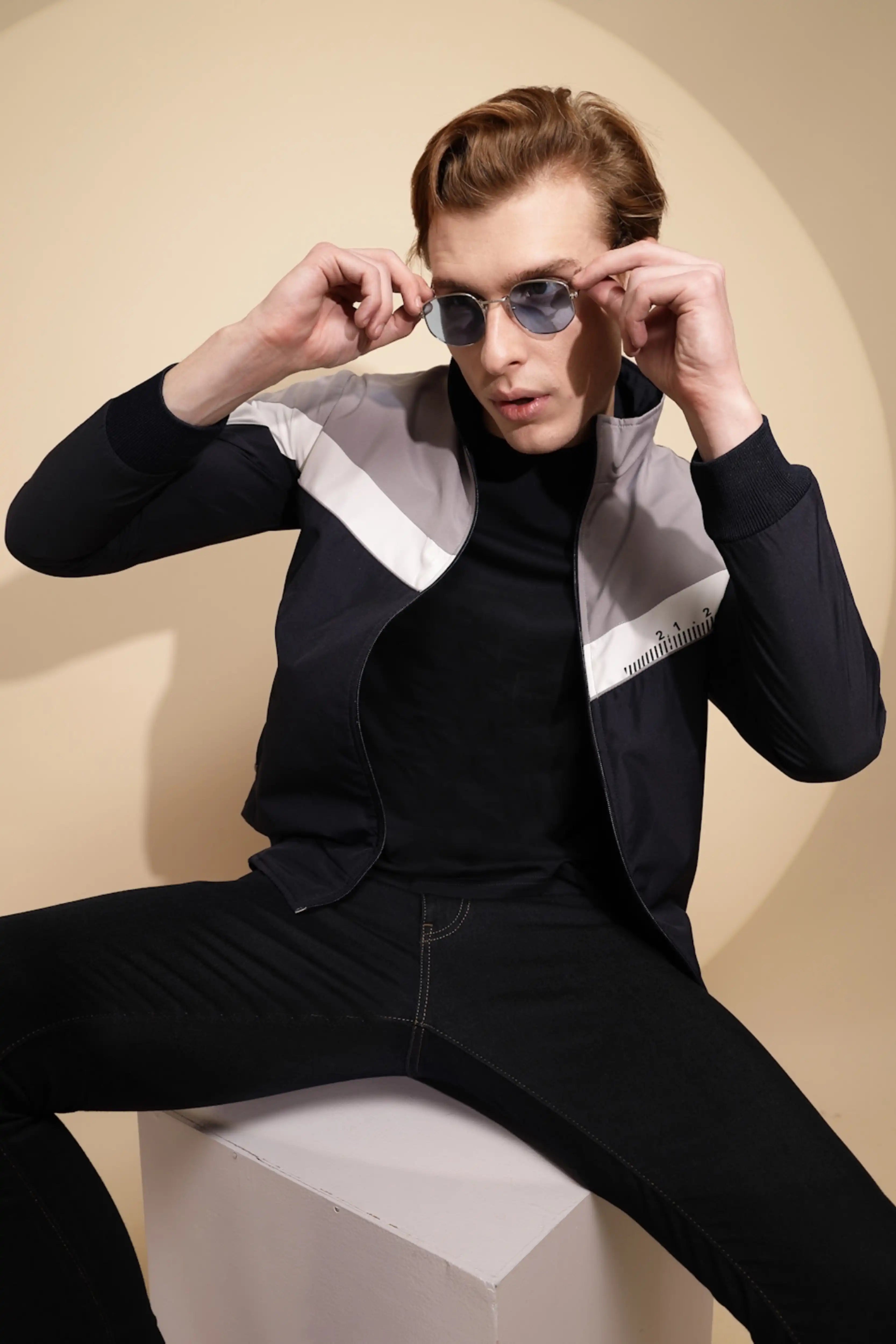 Navy Grey Solid cotton Jacket