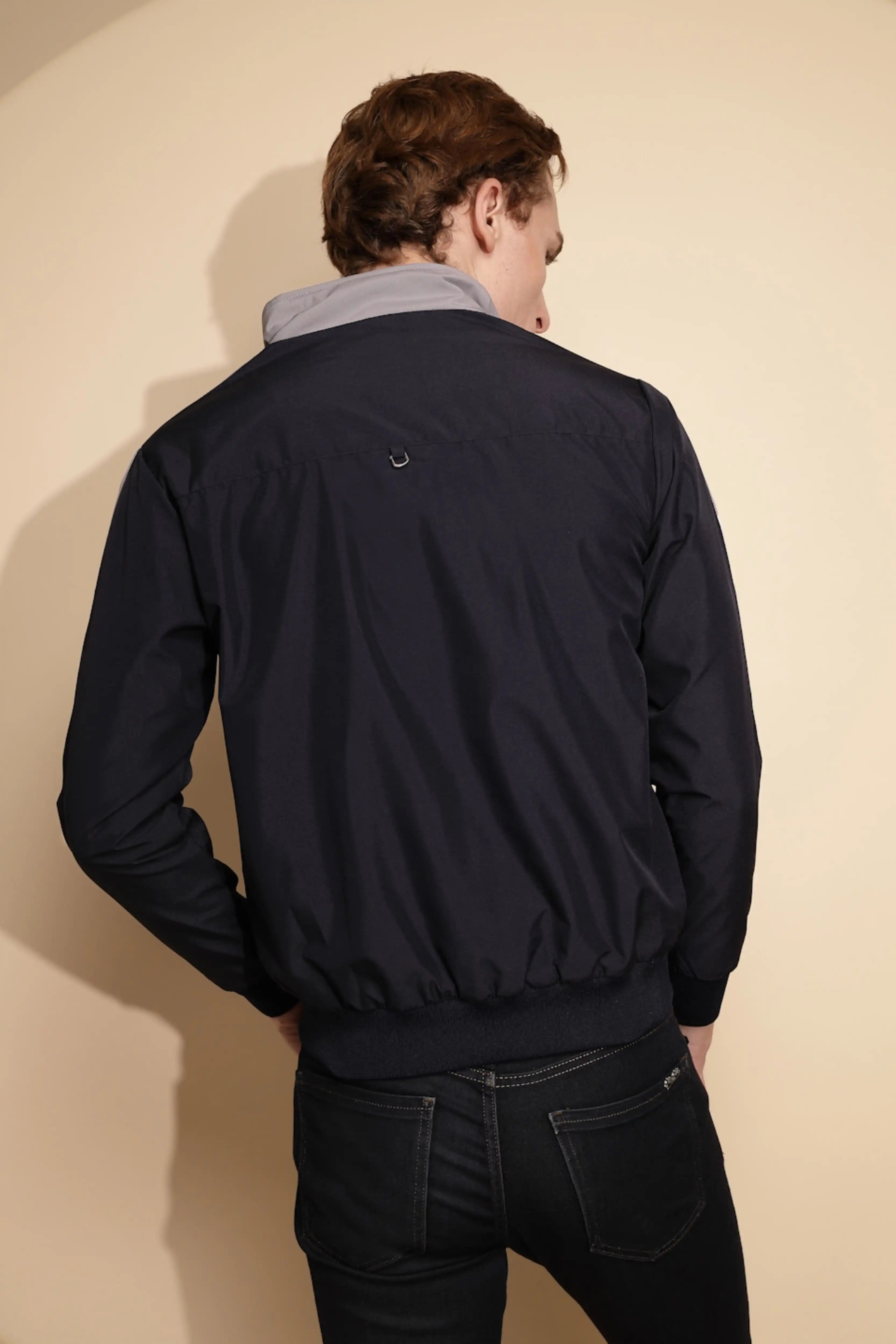 Navy Grey Solid cotton Jacket