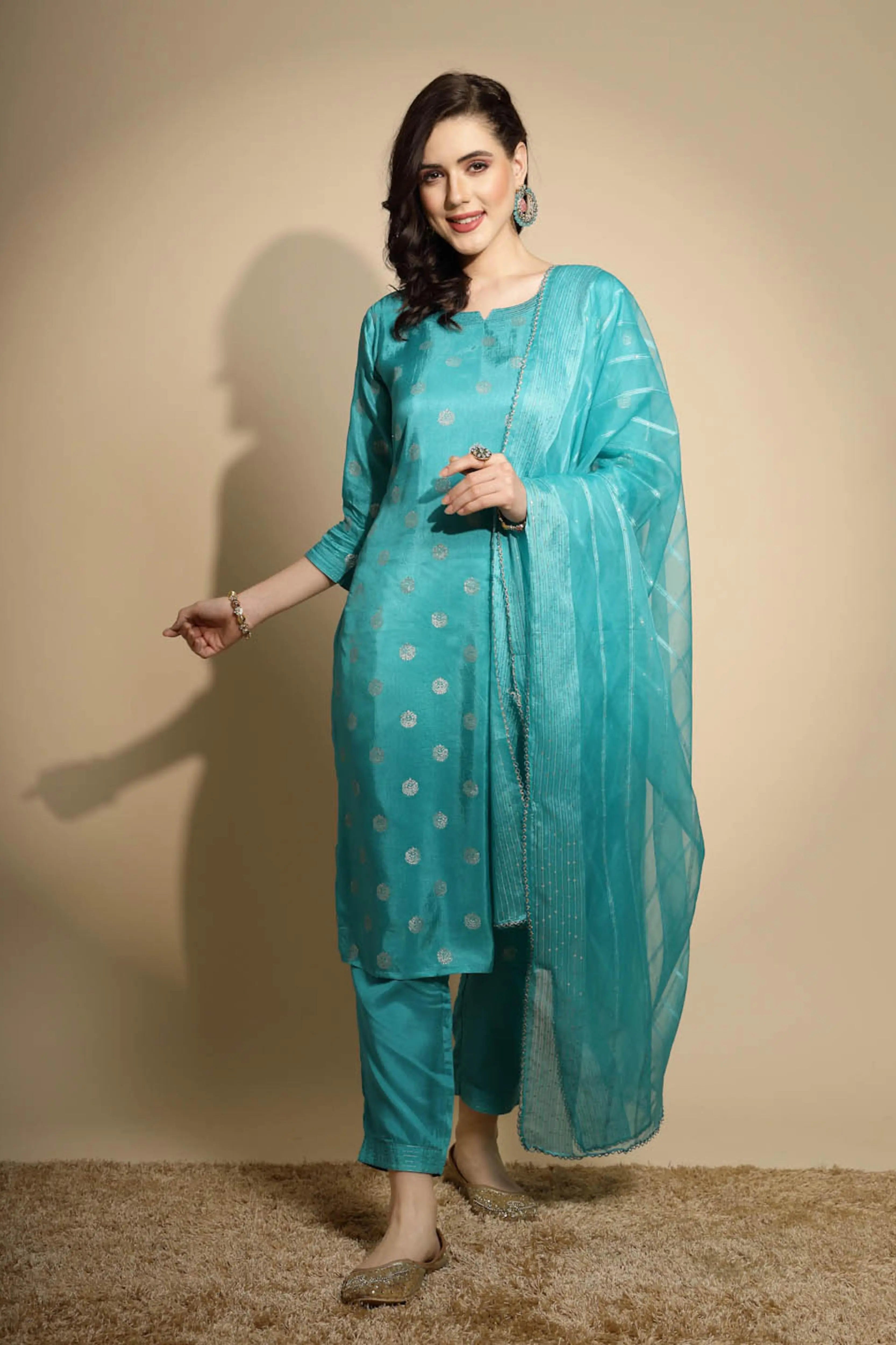 Firozi Foil Printed Silk Kurta Bottom Set With Organza Dupatta - Global Republic