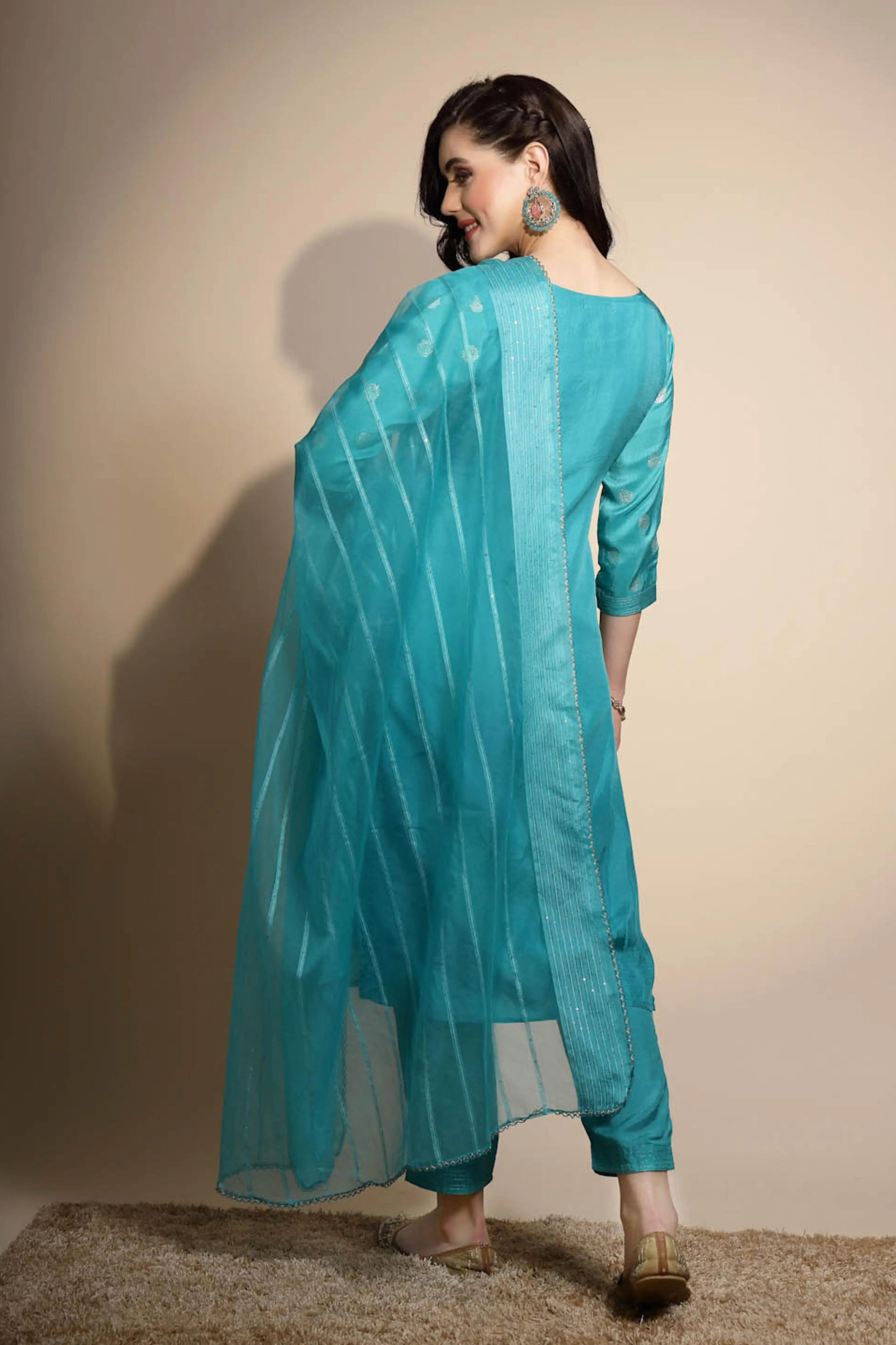 Firozi Foil Printed Silk Kurta Bottom Set With Organza Dupatta - Global Republic