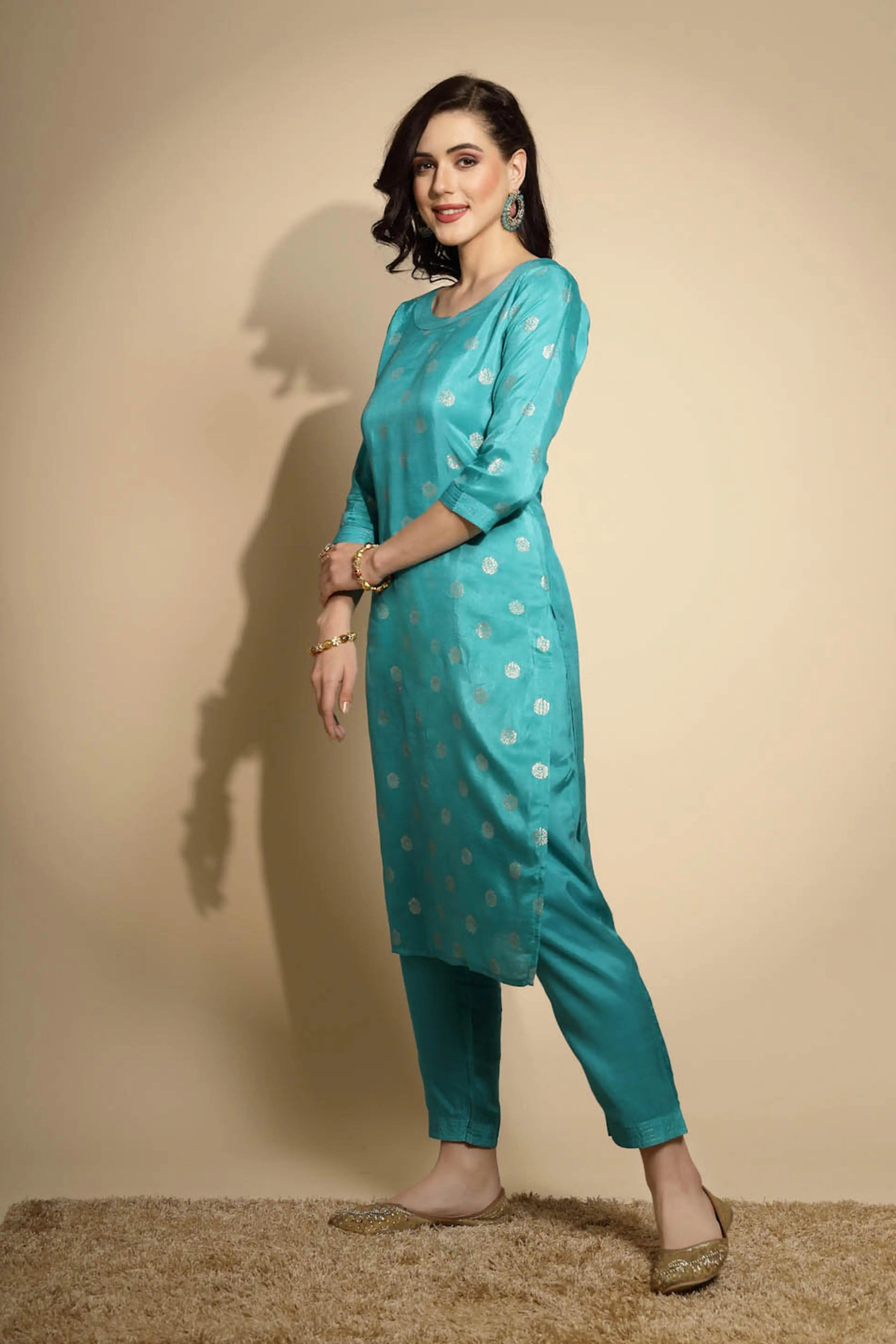 Firozi Foil Printed Silk Kurta Bottom Set With Organza Dupatta - Global Republic