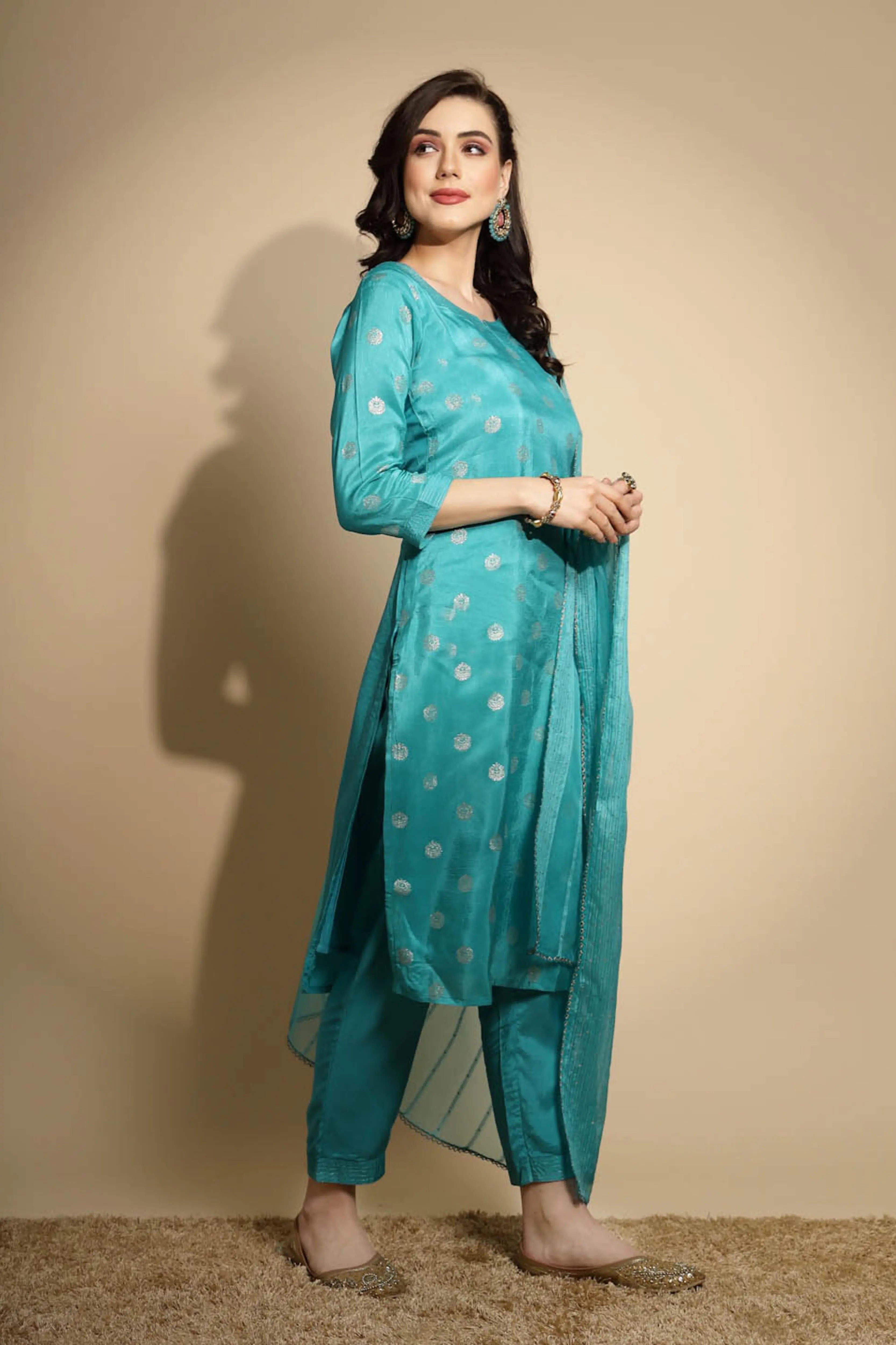 Firozi Foil Printed Silk Suit Set - Global Republic