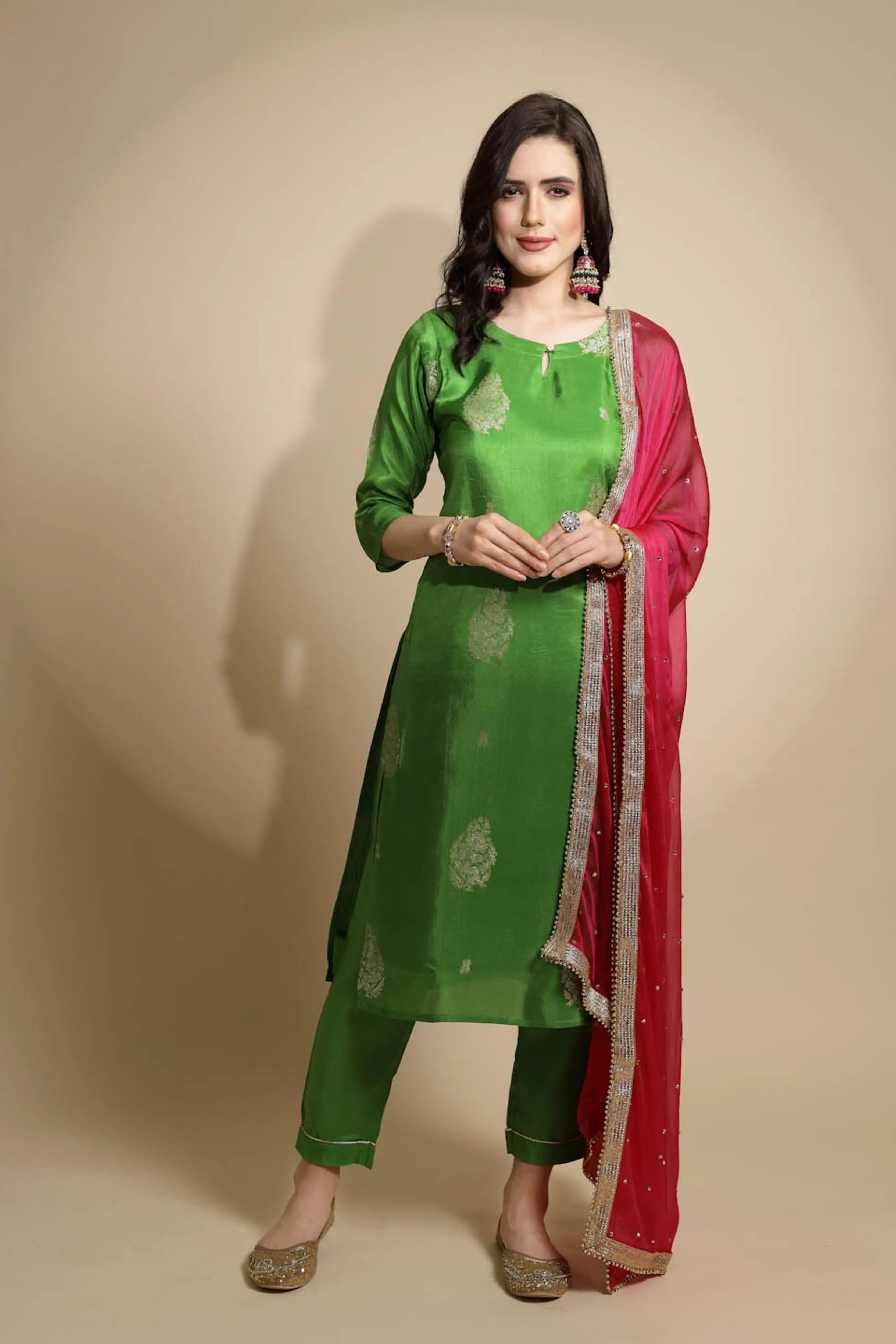 Green Foil Printed Silk Kurta Bottom Set With Dupatta - Global Republic