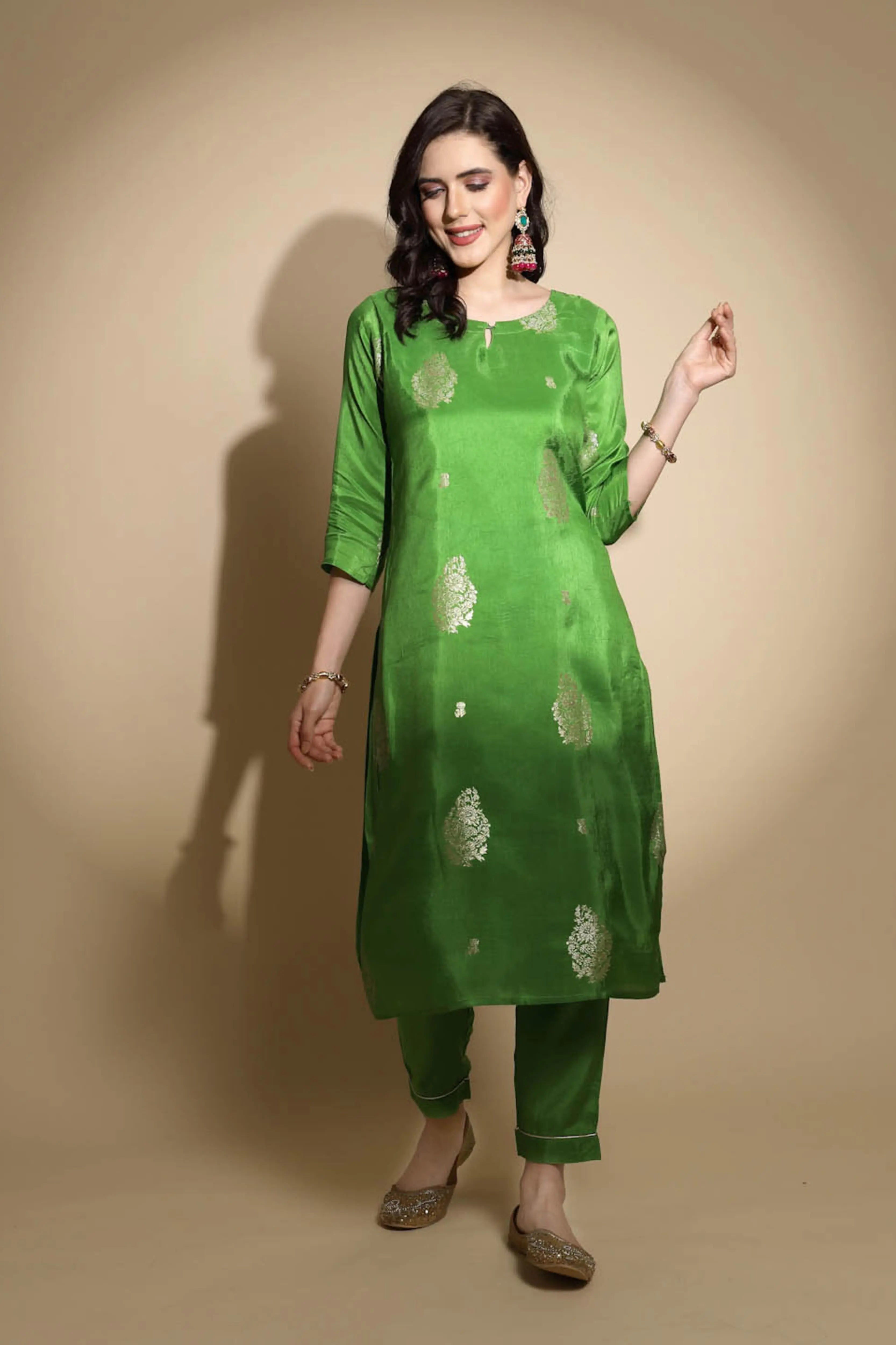 Green Foil Printed Silk Kurta Bottom Set With Dupatta - Global Republic