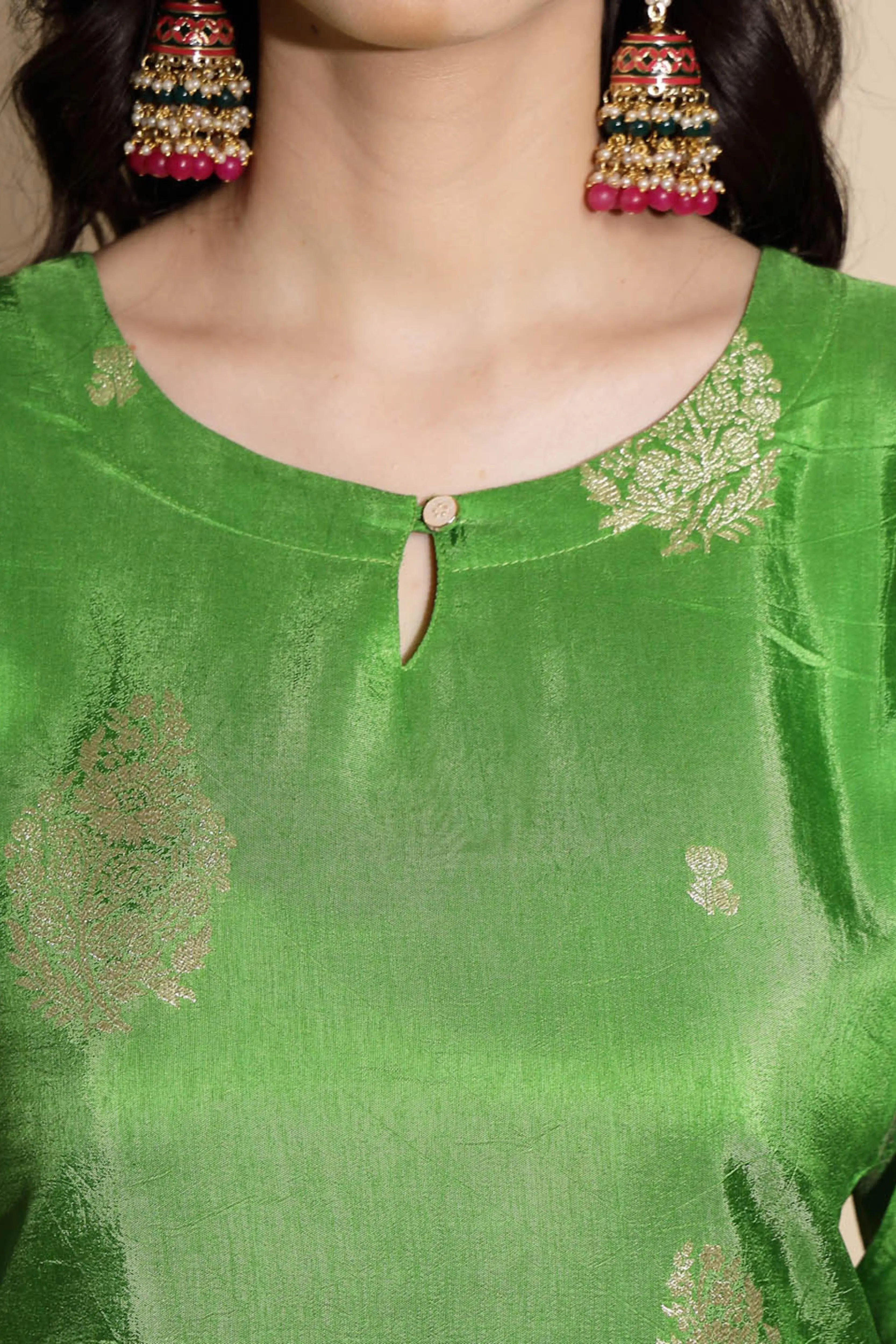 Green Foil Printed Silk Kurta Bottom Set With Dupatta - Global Republic