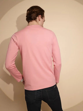 Men Light Pink Solid Full Sleeve Round Neck Polycotton T-Shirt