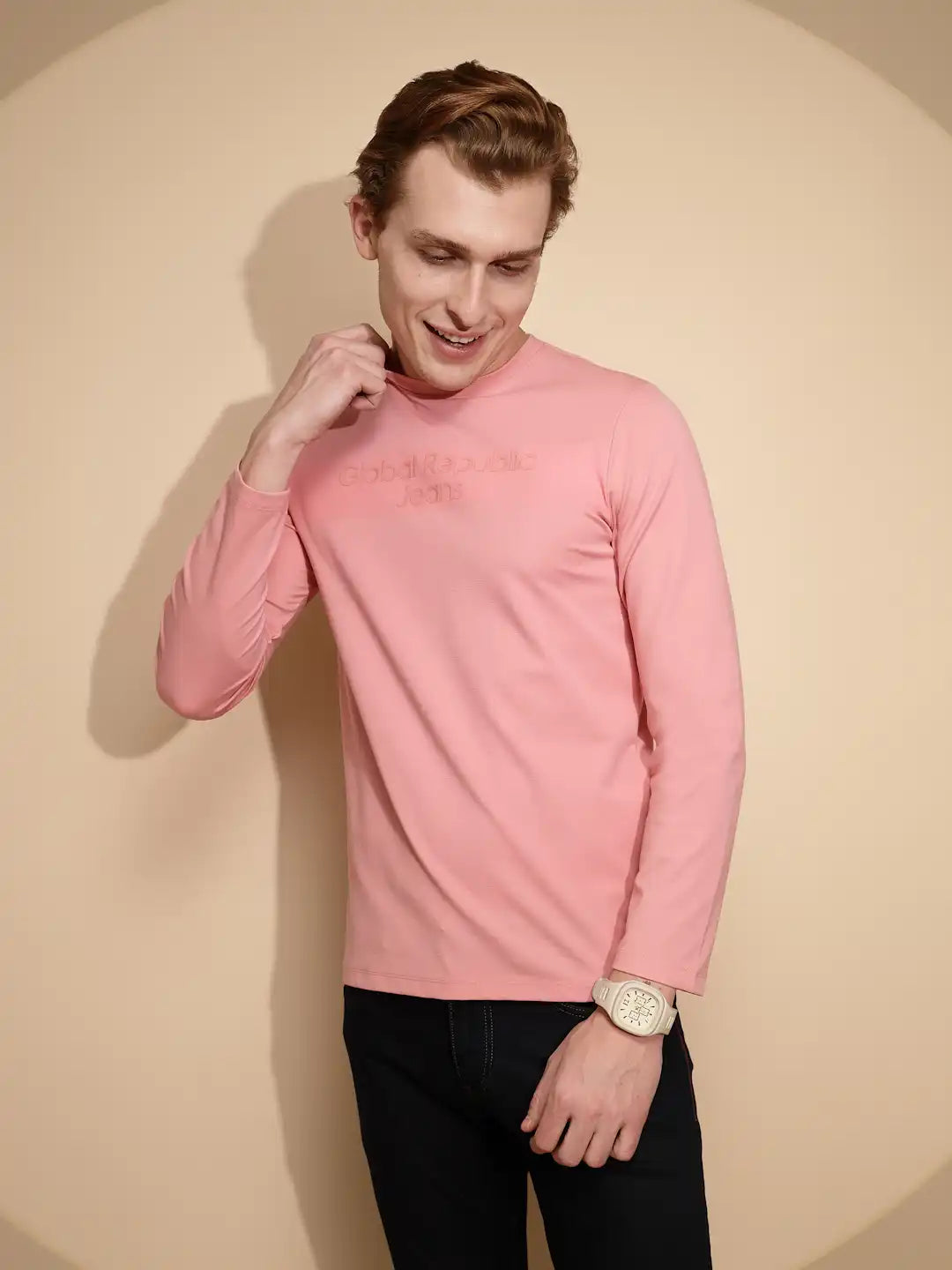 Men Light Pink Solid Full Sleeve Round Neck Polycotton T-Shirt