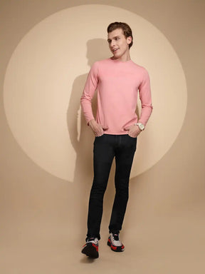 Men Light Pink Solid Full Sleeve Round Neck Polycotton T-Shirt