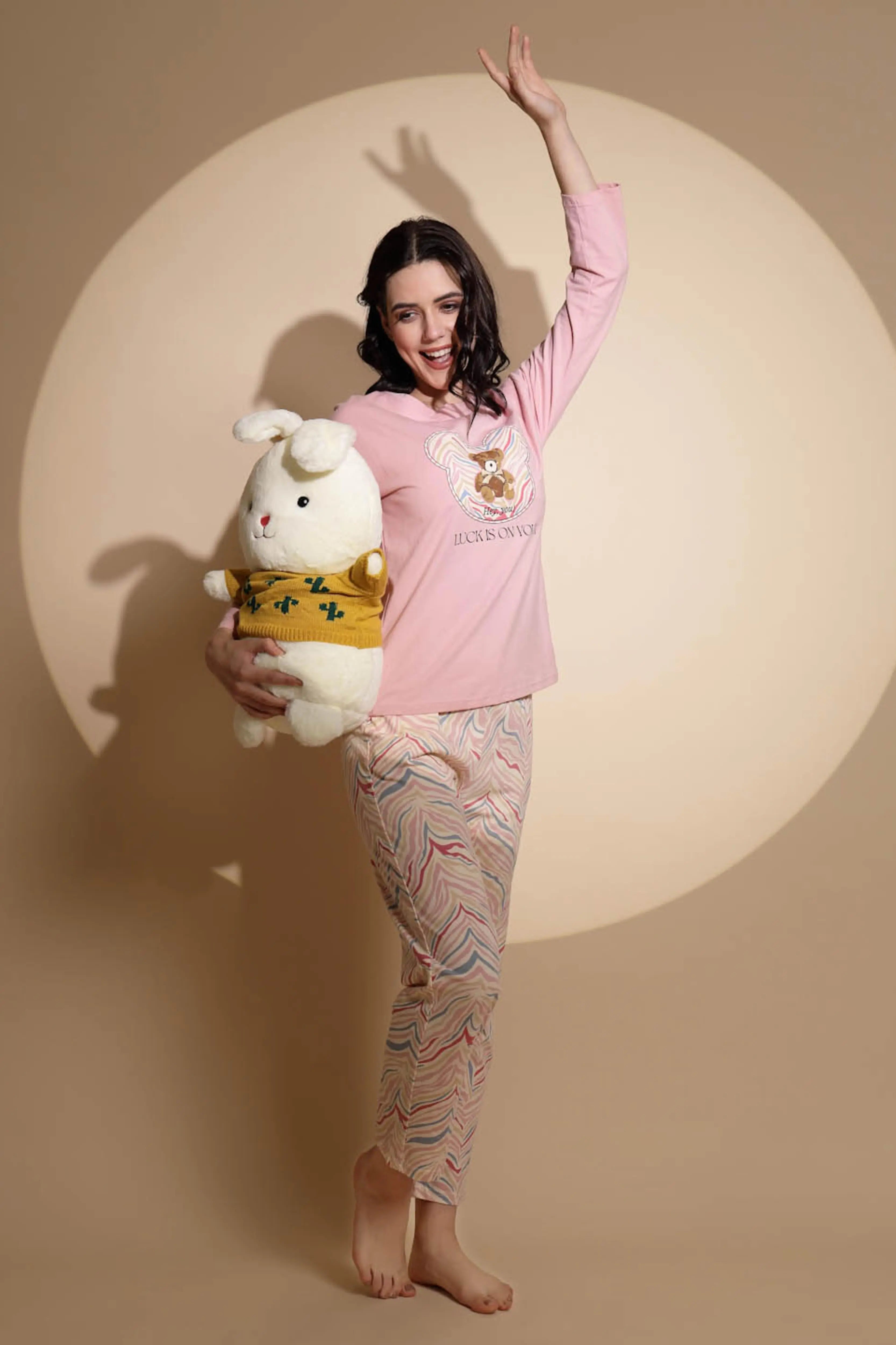 Pink Hosiery Round Neck Printed Top & Pyjama Night Suit Set - Global Republic