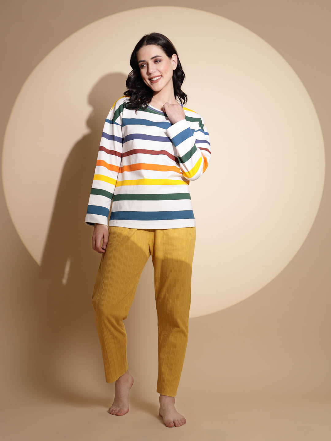 Multicolor Hosiery Full Sleeve  Striped Top & Pyjama Night Suit Set - Global Republic