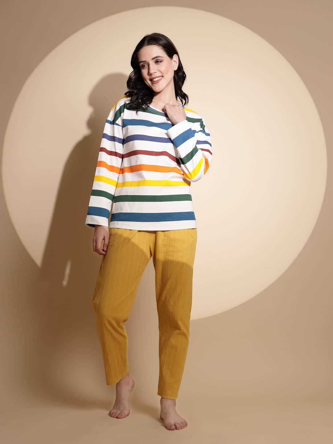 Multicolor Hosiery Full Sleeve  Striped Top & Pyjama Night Suit Set