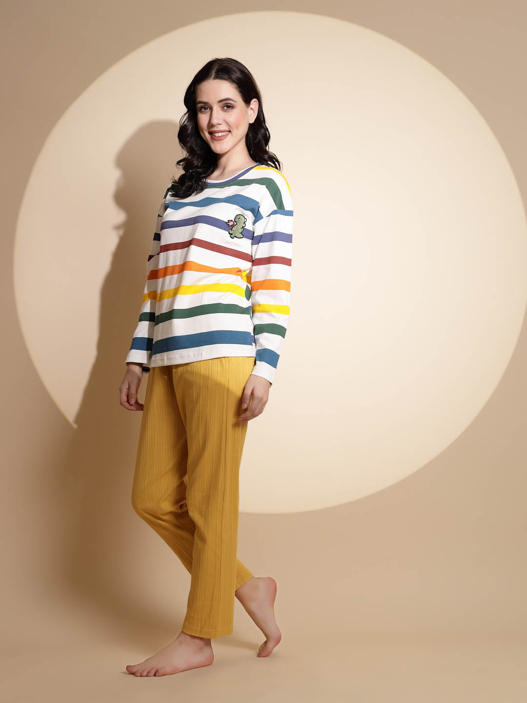 Multicolor Hosiery Full Sleeve  Striped Top & Pyjama Night Suit Set - Global Republic