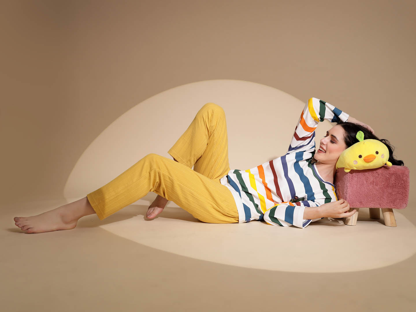 Multicolor Hosiery Full Sleeve  Striped Top & Pyjama Night Suit Set