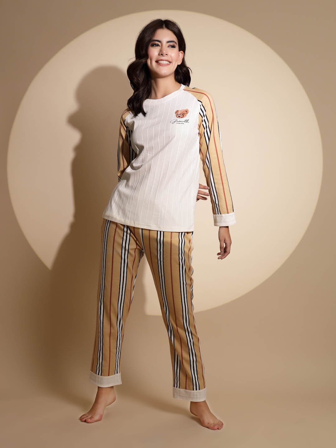 Multicolor Hosiery Striped Print Top & Pyjama Night Suit Set - Global Republic