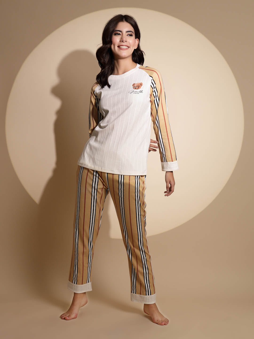 Multicolor Hosiery Striped Print Top & Pyjama Night Suit Set