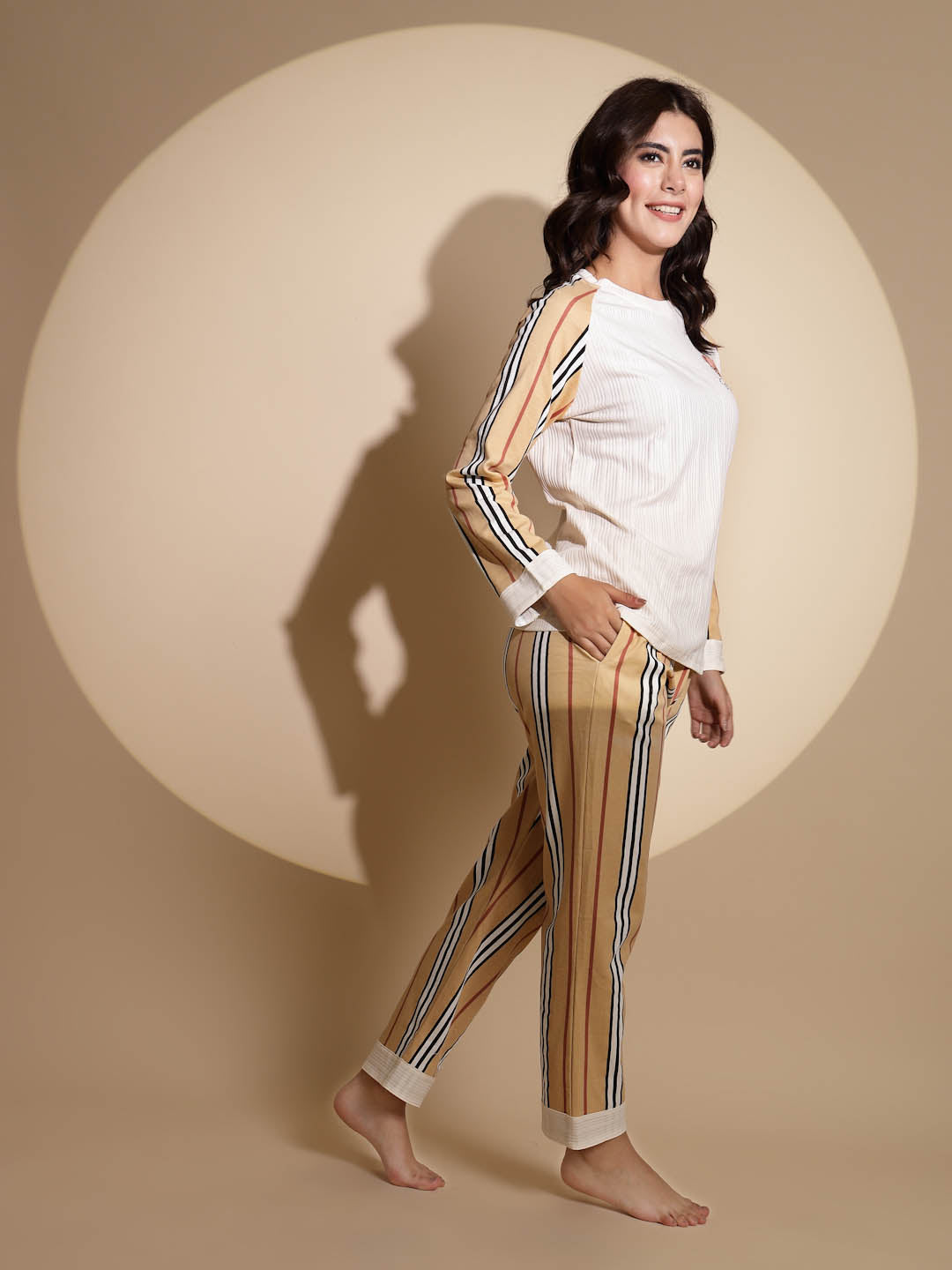 Multicolor Hosiery Striped Print Top & Pyjama Night Suit Set - Global Republic