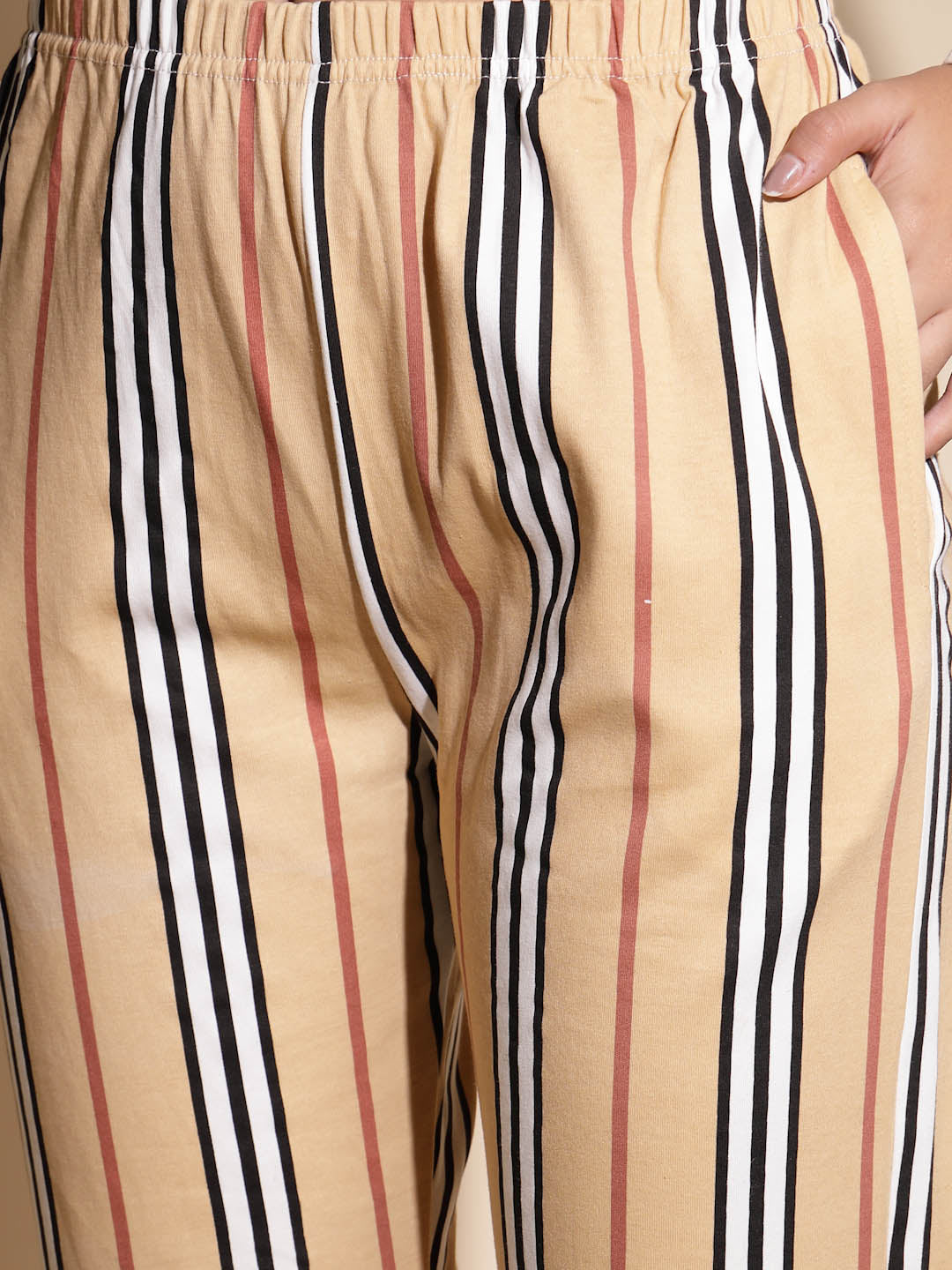 Multicolor Hosiery Striped Print Top & Pyjama Night Suit Set