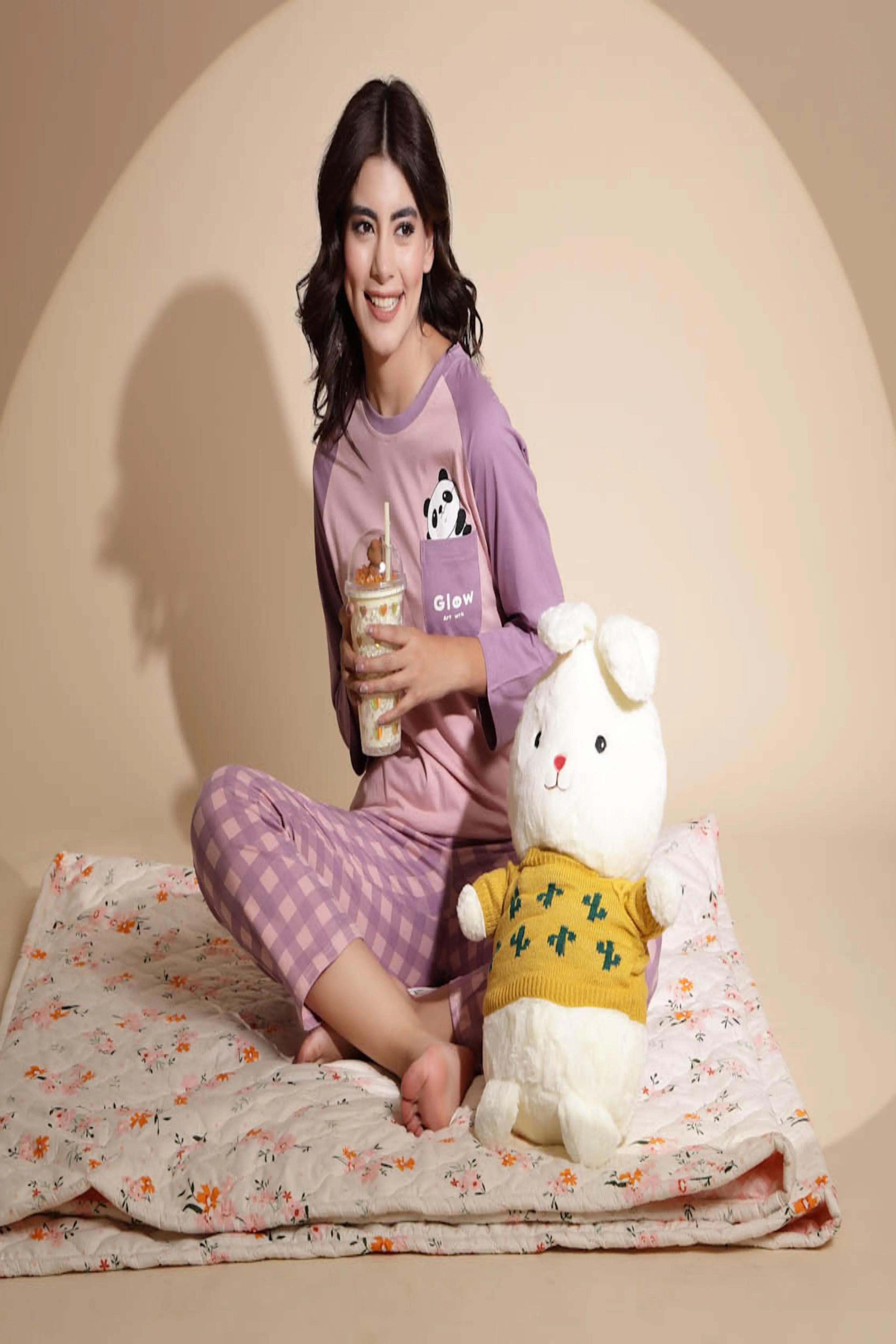 Purple Hosiery Solid Top & Pyjama Night Suit Set - Global Republic