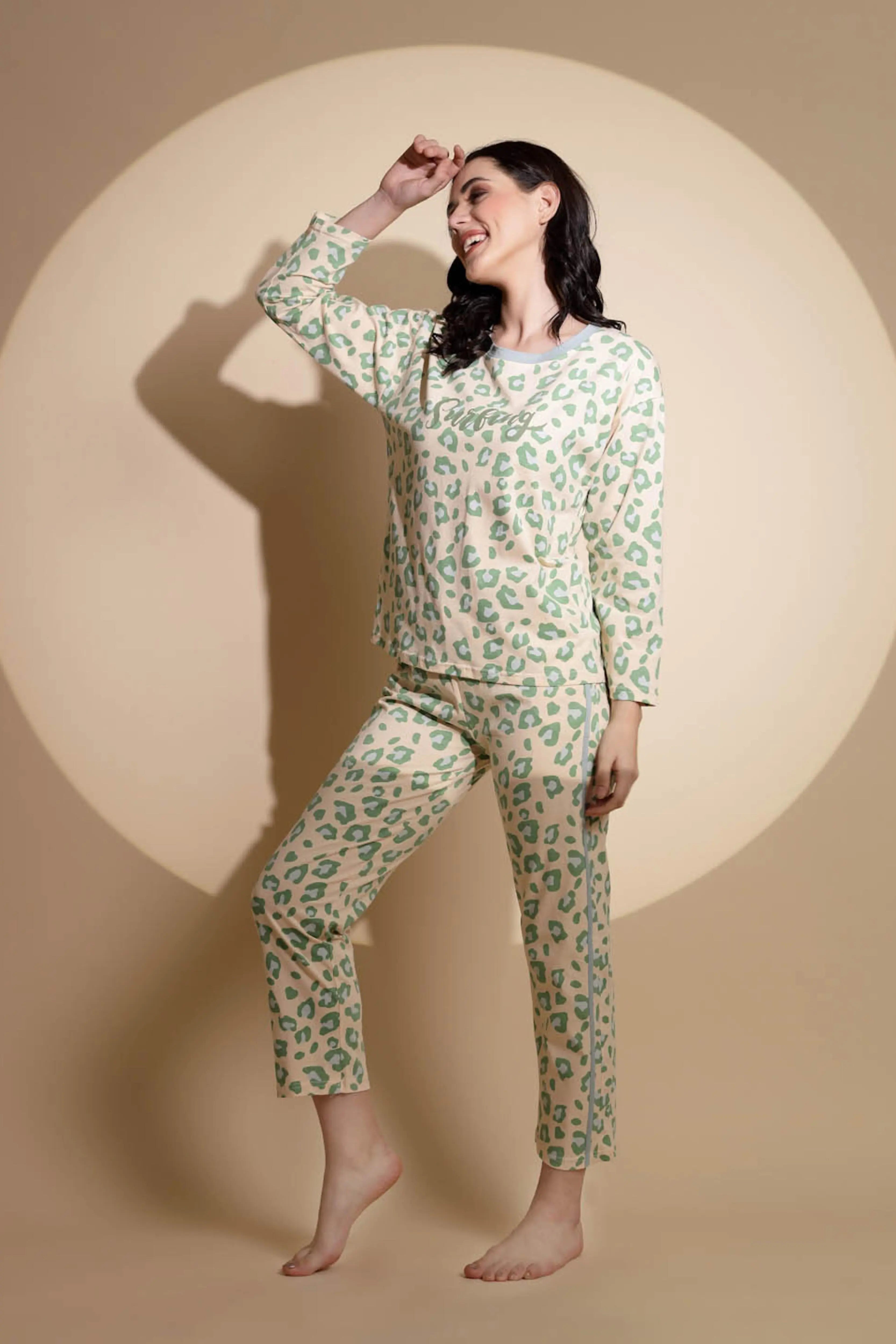 Green Hosiery Three Quarter Sleeve Printed Top & Pyjama Night Suit Set - Global Republic