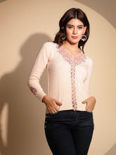 Women's Embrodery V neck Peach Cardigan