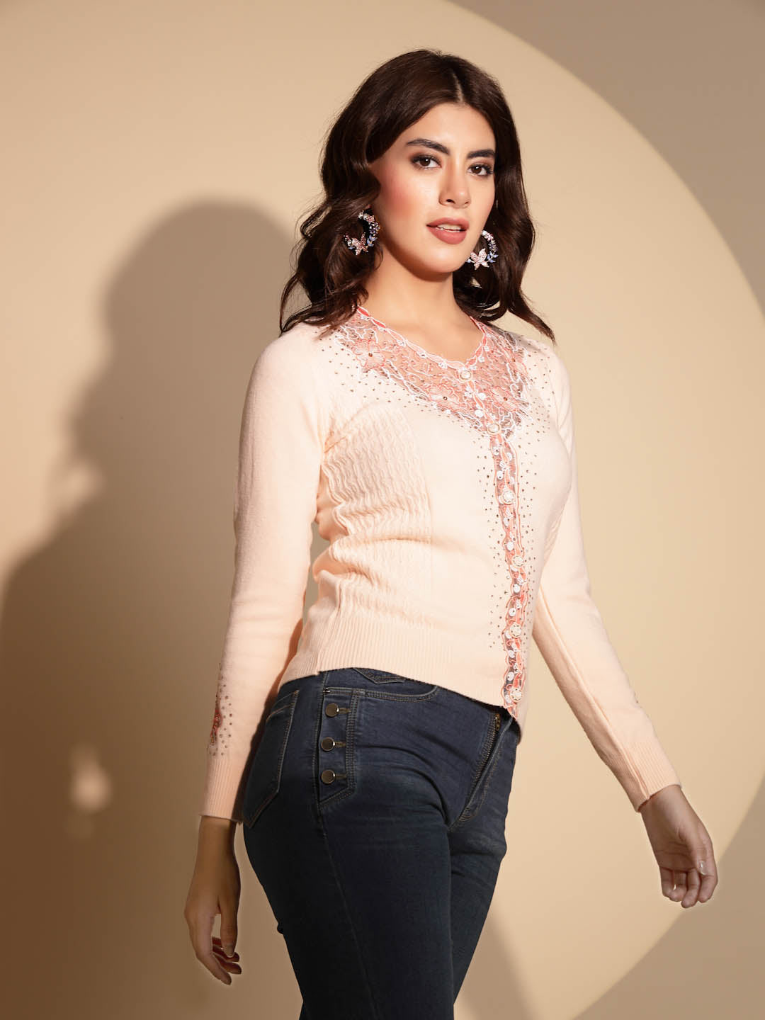 Women's Embrodery V neck Peach Cardigan