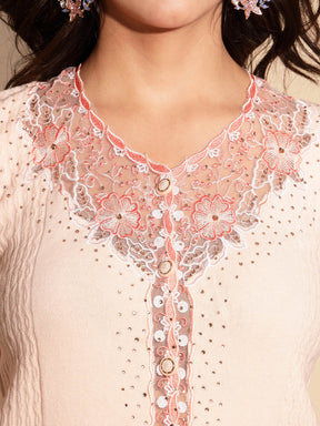 Women's Embrodery V neck Peach Cardigan