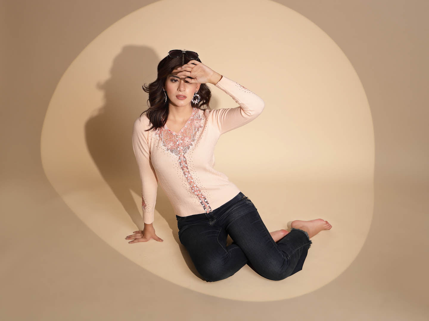 Women's Embrodery V neck Peach Cardigan
