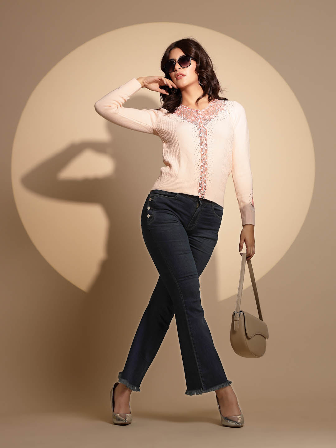 Women's Embrodery V neck Peach Cardigan