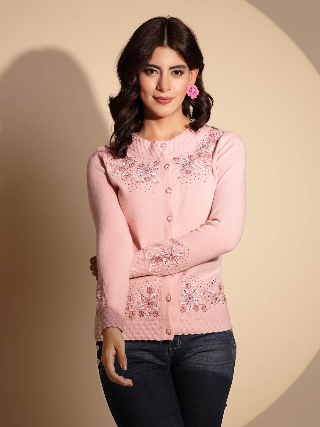 Pink Embroidered ester Cardigan - Global Republic