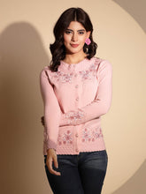 Women's Embroidery Round Neck Pink Cardigan