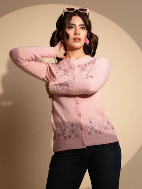 Women's Embroidery Round Neck Pink Cardigan