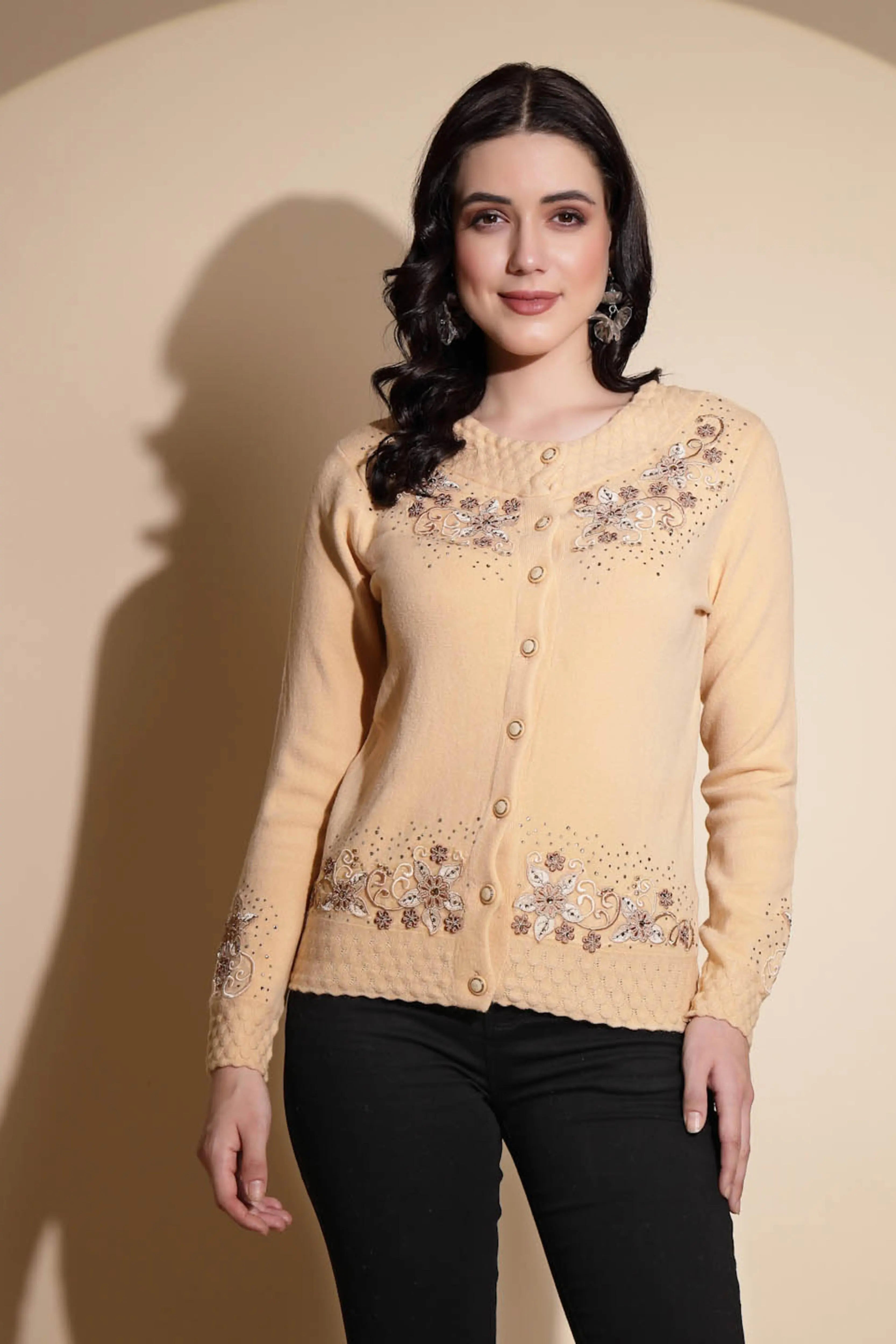 Beige Embroidery ester Cardigan - Global Republic