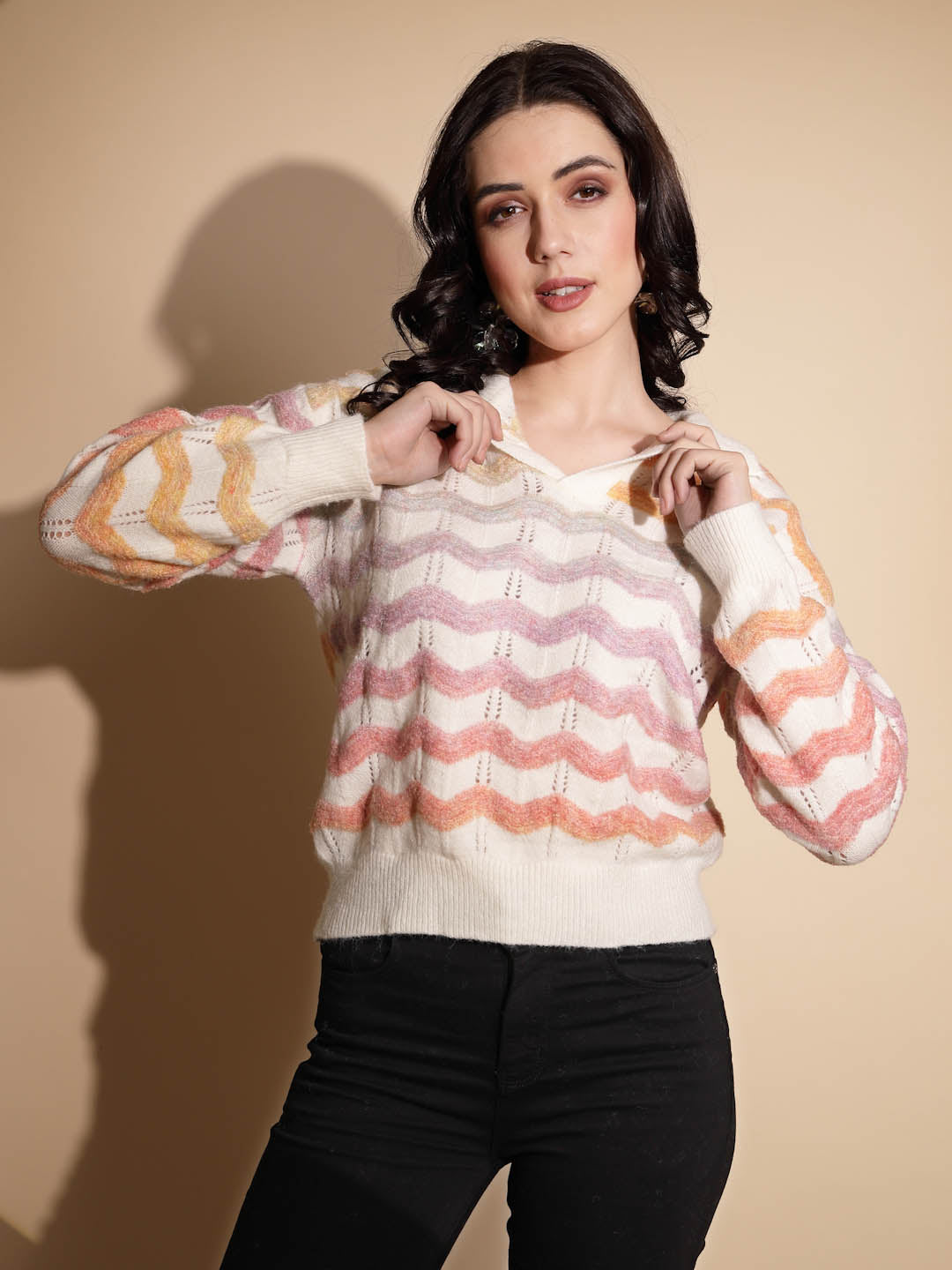 Multicolor Striped Print Full Sleeve Collared Neck Pullover