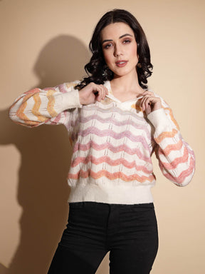Multicolor Striped Print Full Sleeve Collared Neck Pullover