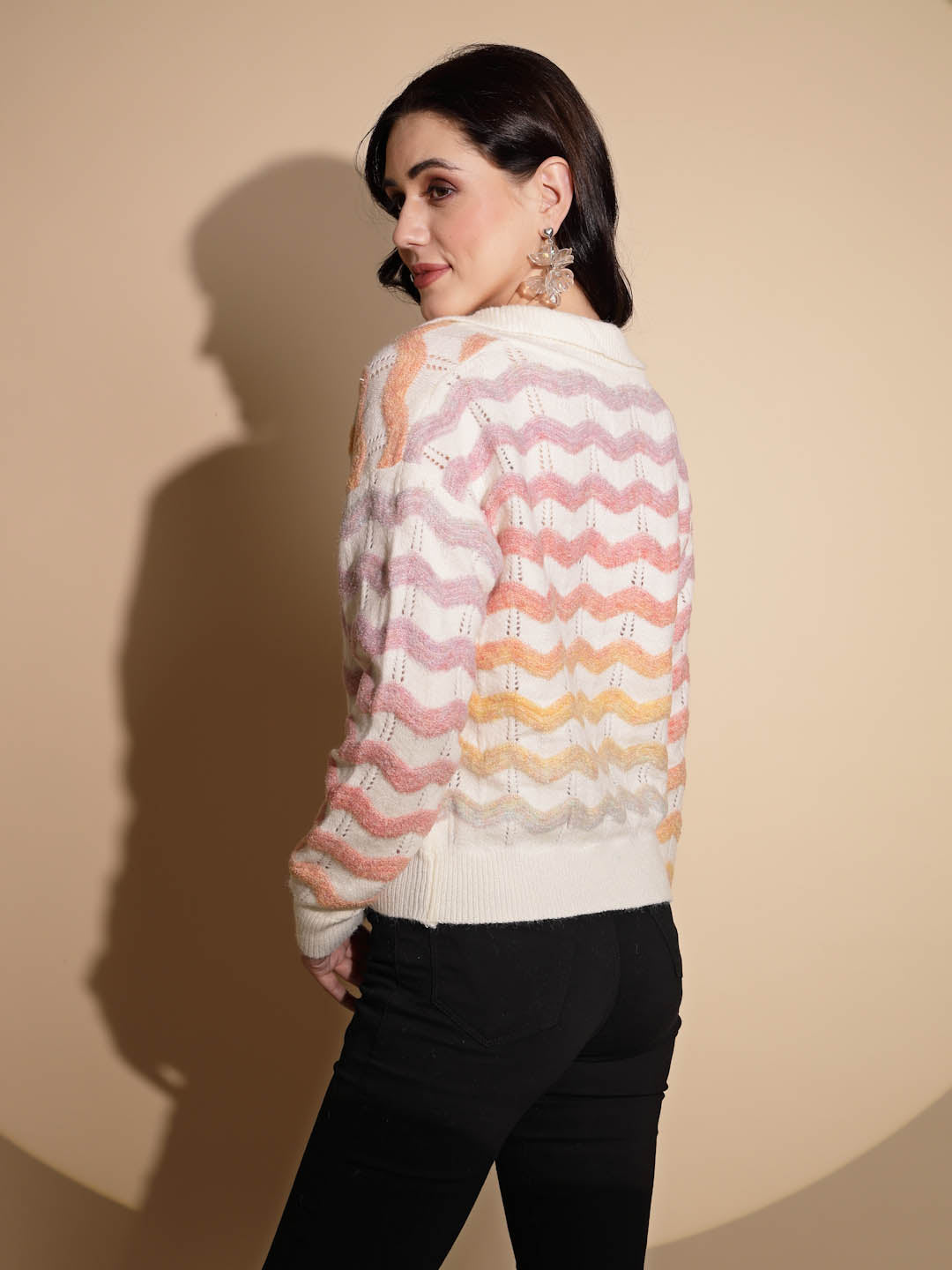 Multicolor Striped Print Full Sleeve Collared Neck Pullover