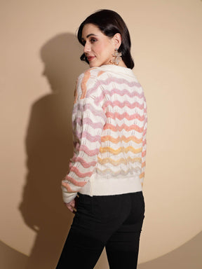 Multicolor Striped Print Full Sleeve Collared Neck Pullover