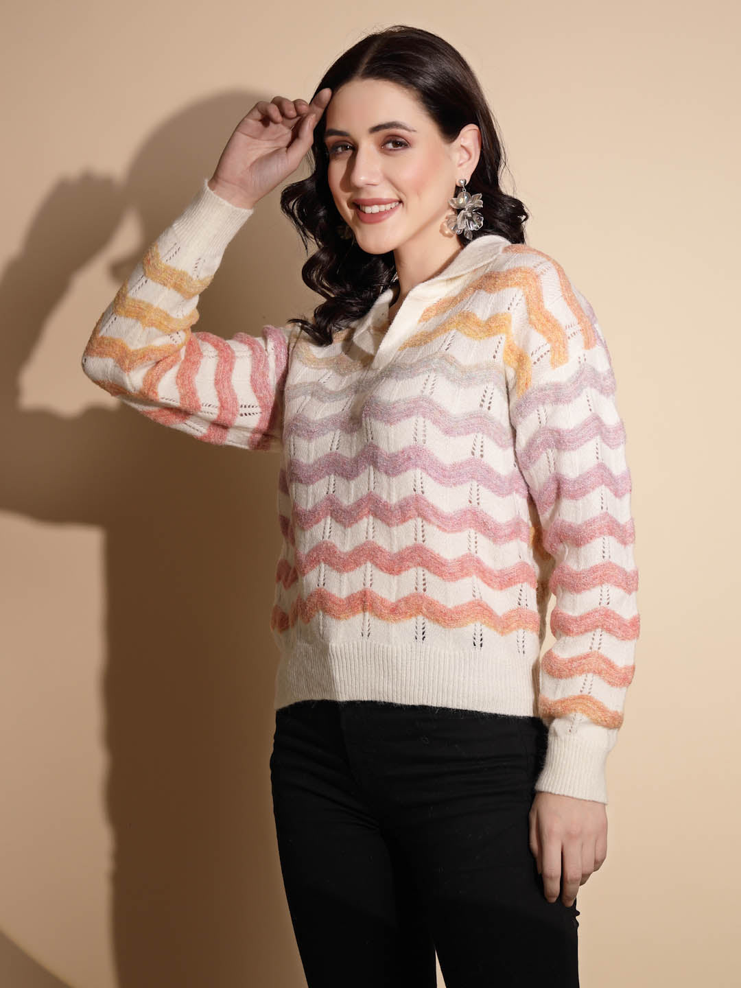 Multicolor Striped Print Full Sleeve Collared Neck Pullover