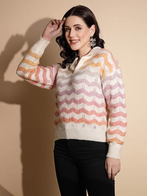 Multicolor Striped Print Full Sleeve Collared Neck Pullover