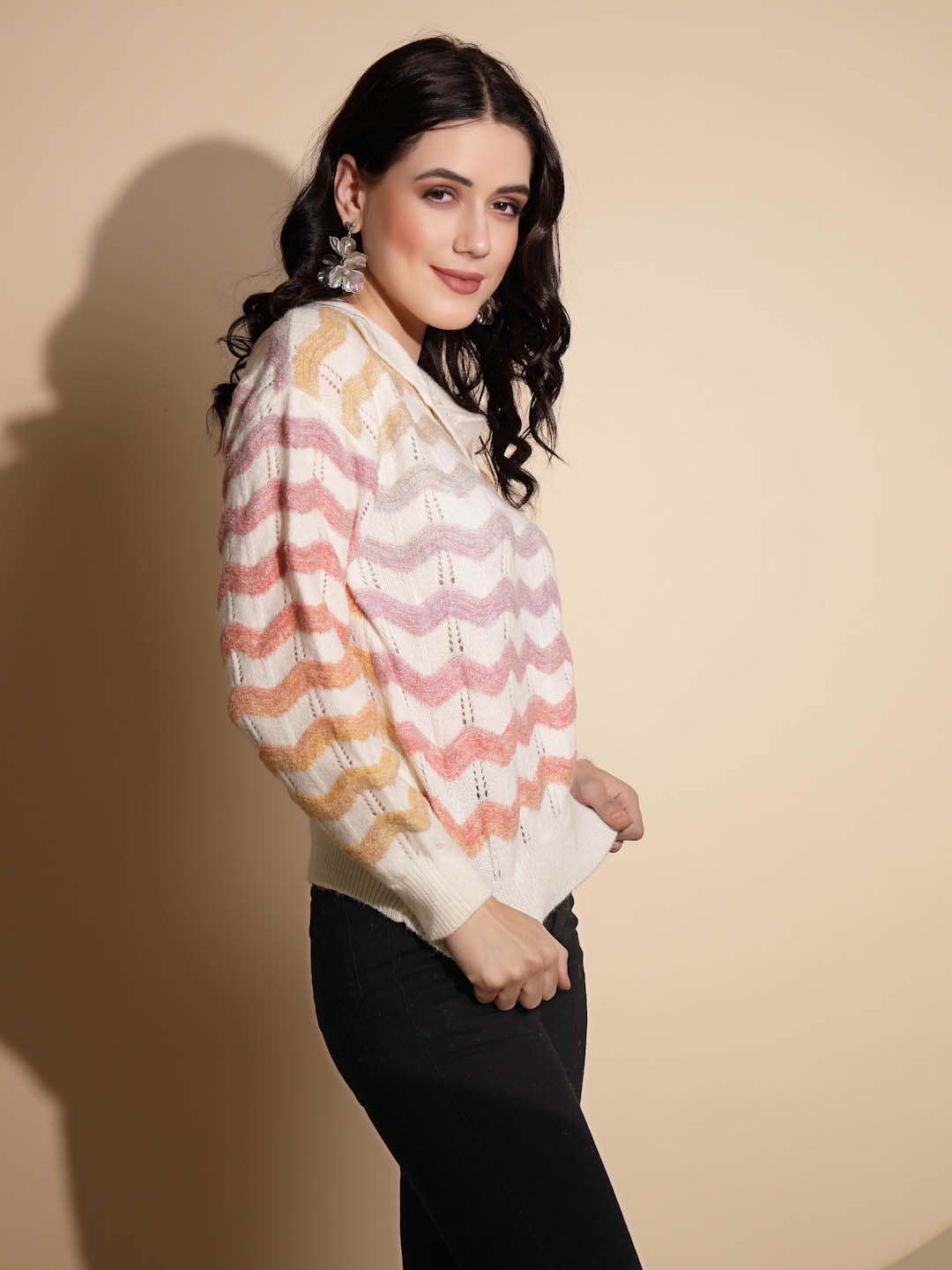 Multicolor Striped Print Full Sleeve Collared Neck Pullover