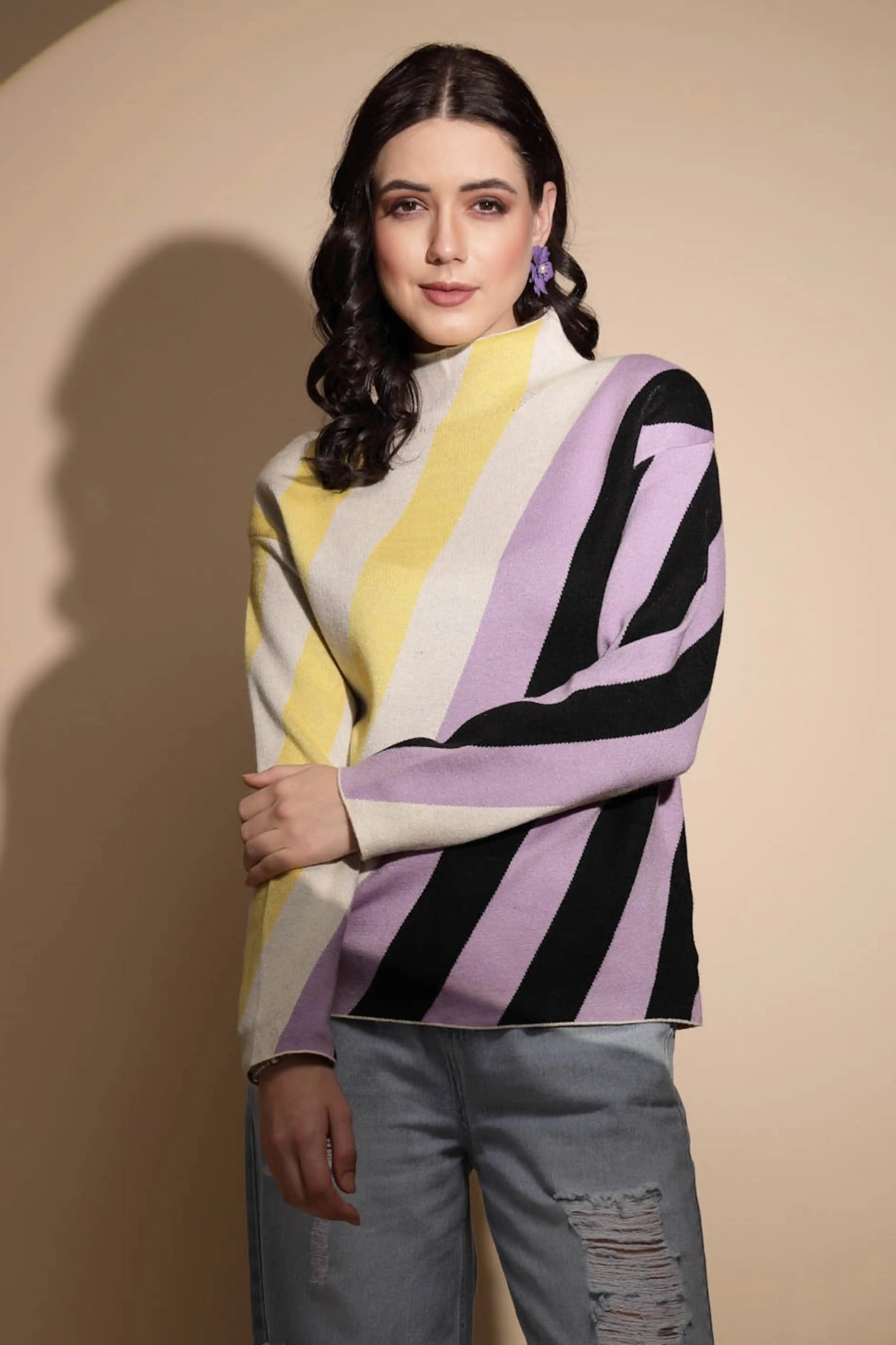 Multicolor Striped High Neck Pullover