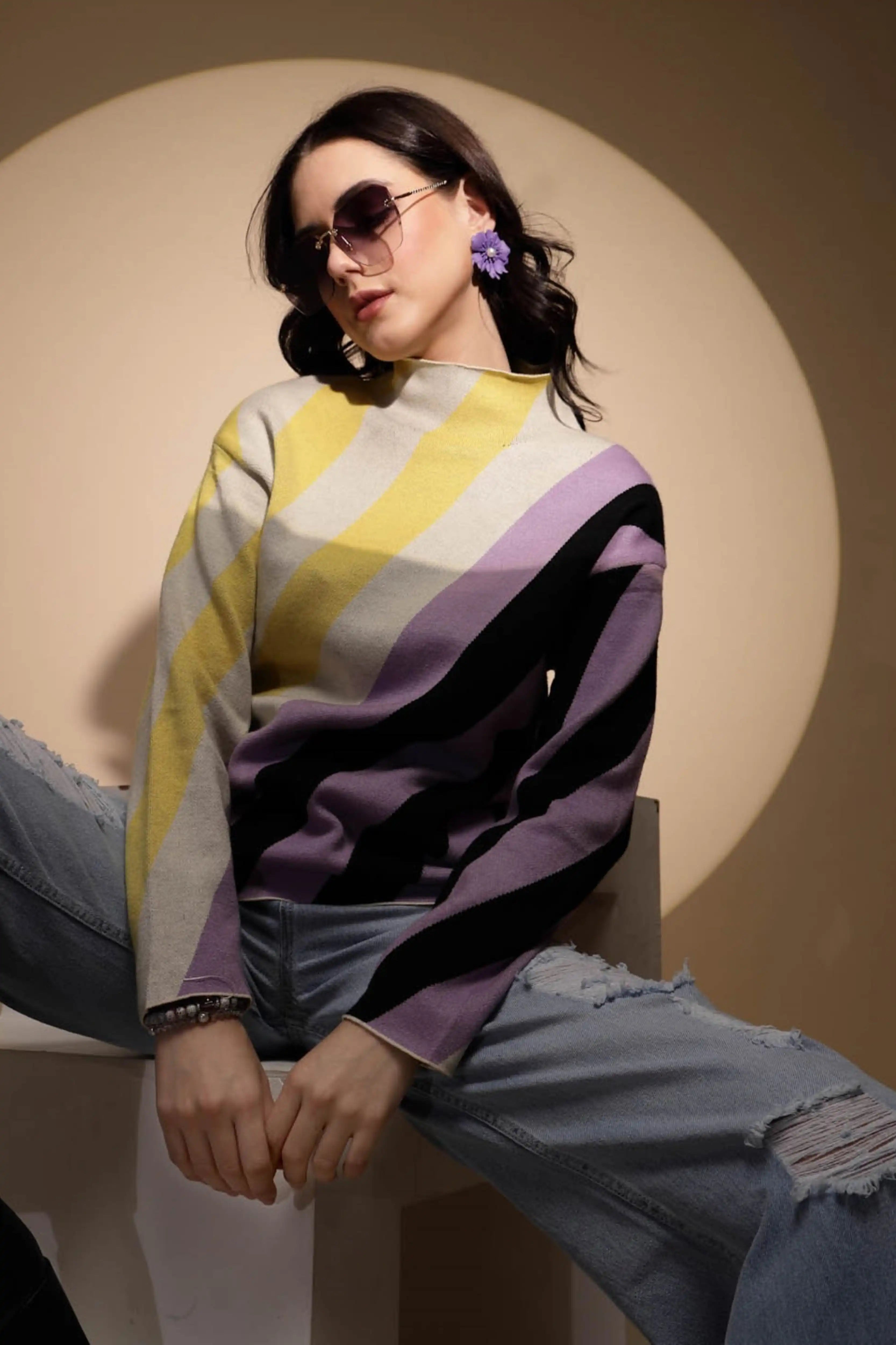 Multicolor Striped High Neck Pullover