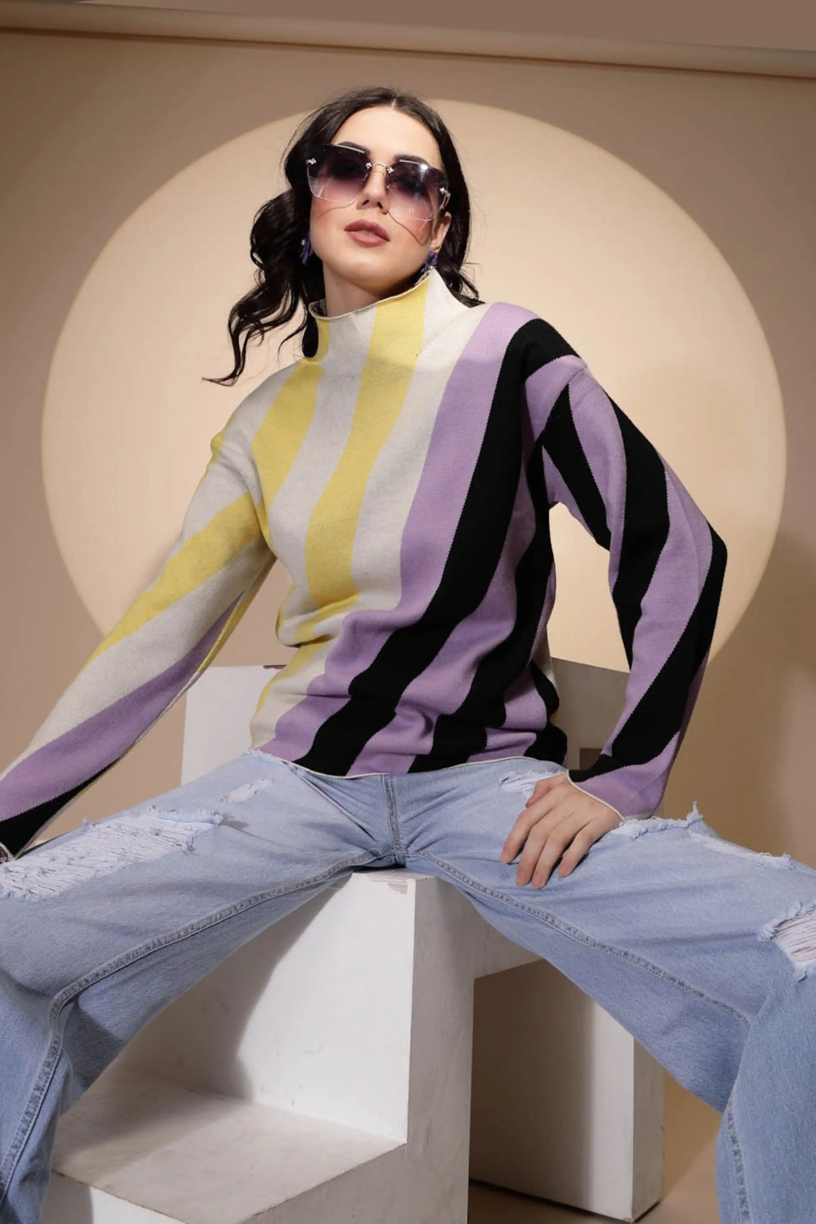 Multicolor Striped High Neck Pullover