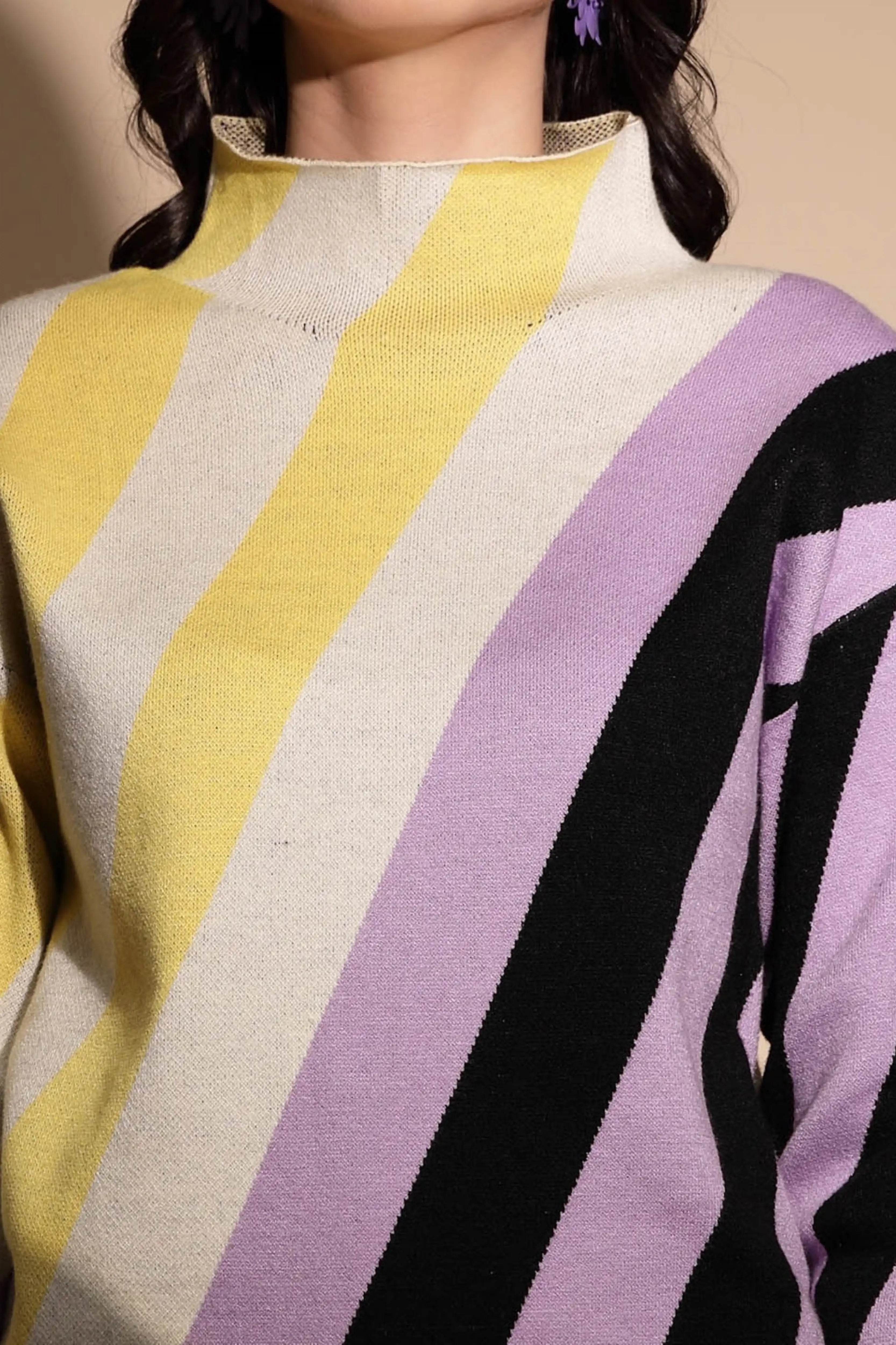 Multicolor Striped High Neck Pullover