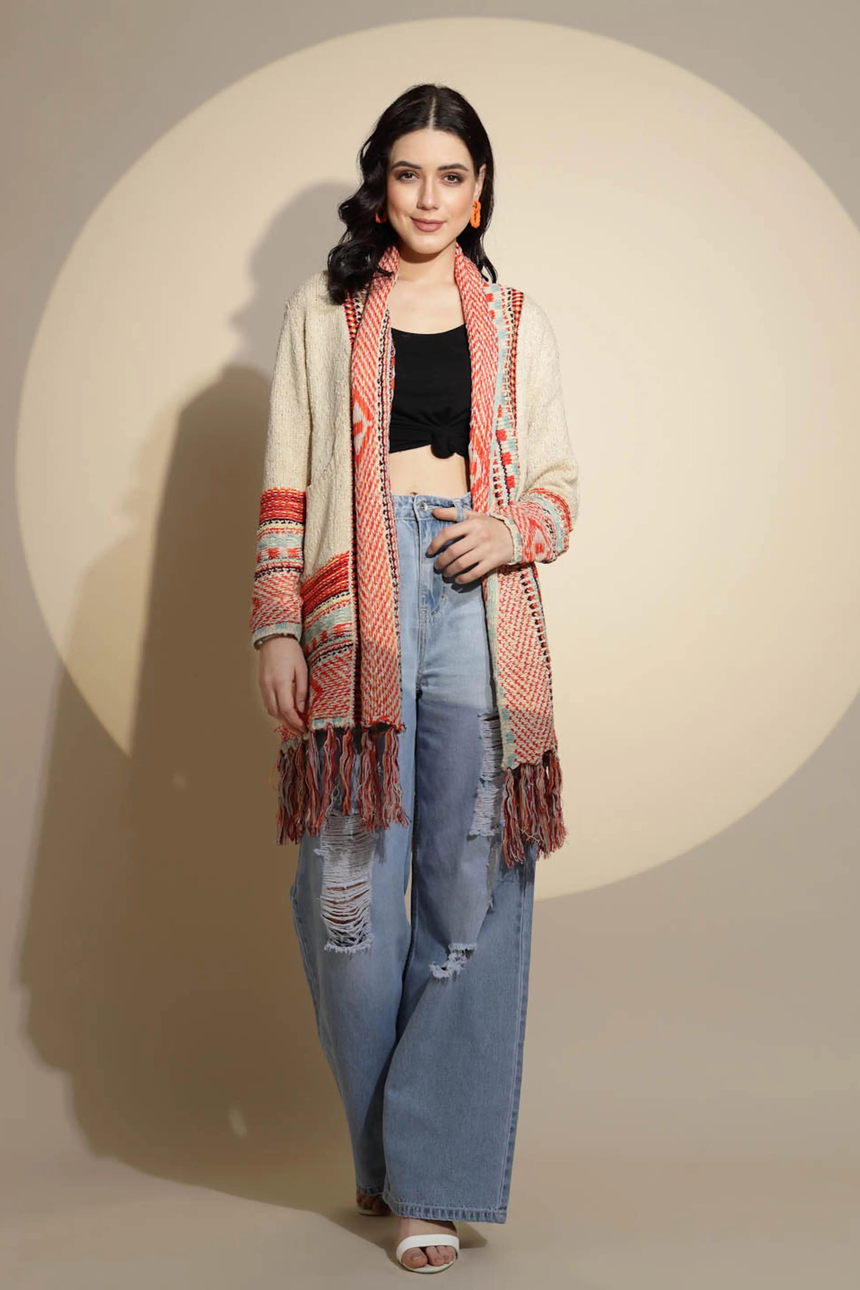 Beige Geometric Print Full Sleeve Collared Neck Knitted Shrug - Global Republic