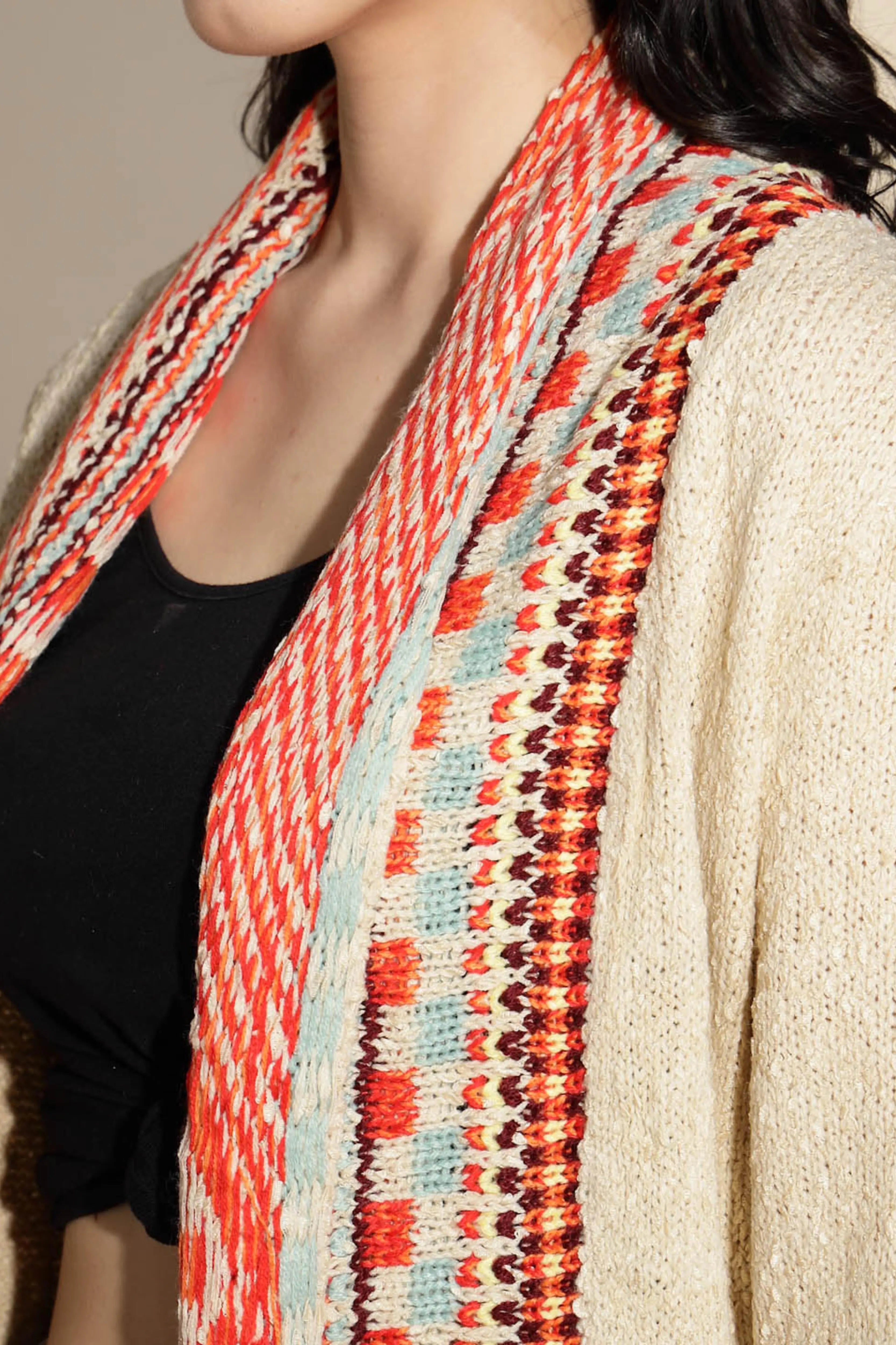 Beige Geometric Print Full Sleeve Collared Neck Knitted Shrug - Global Republic