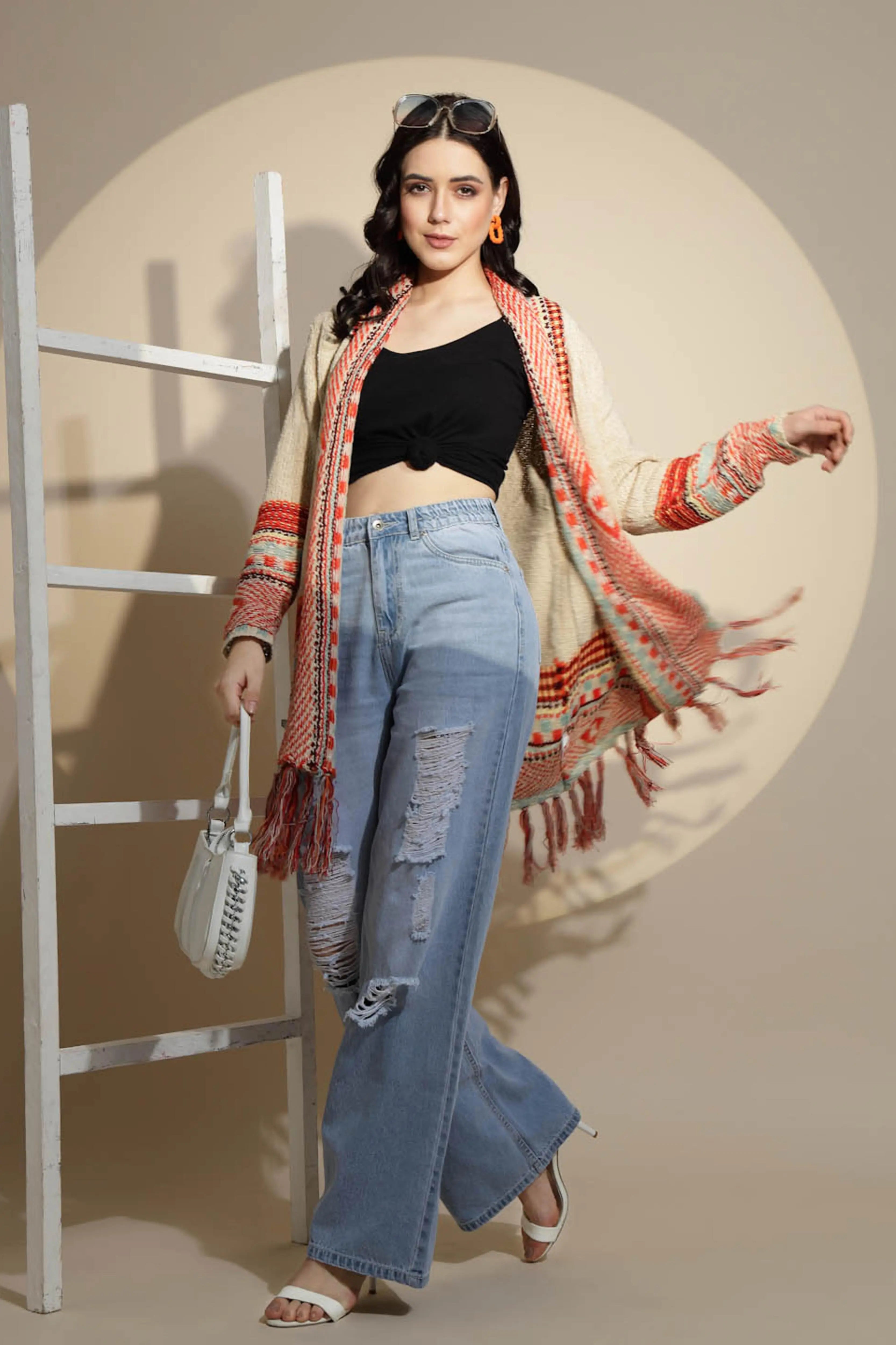 Beige Geometric Print Full Sleeve Collared Neck Knitted Shrug - Global Republic